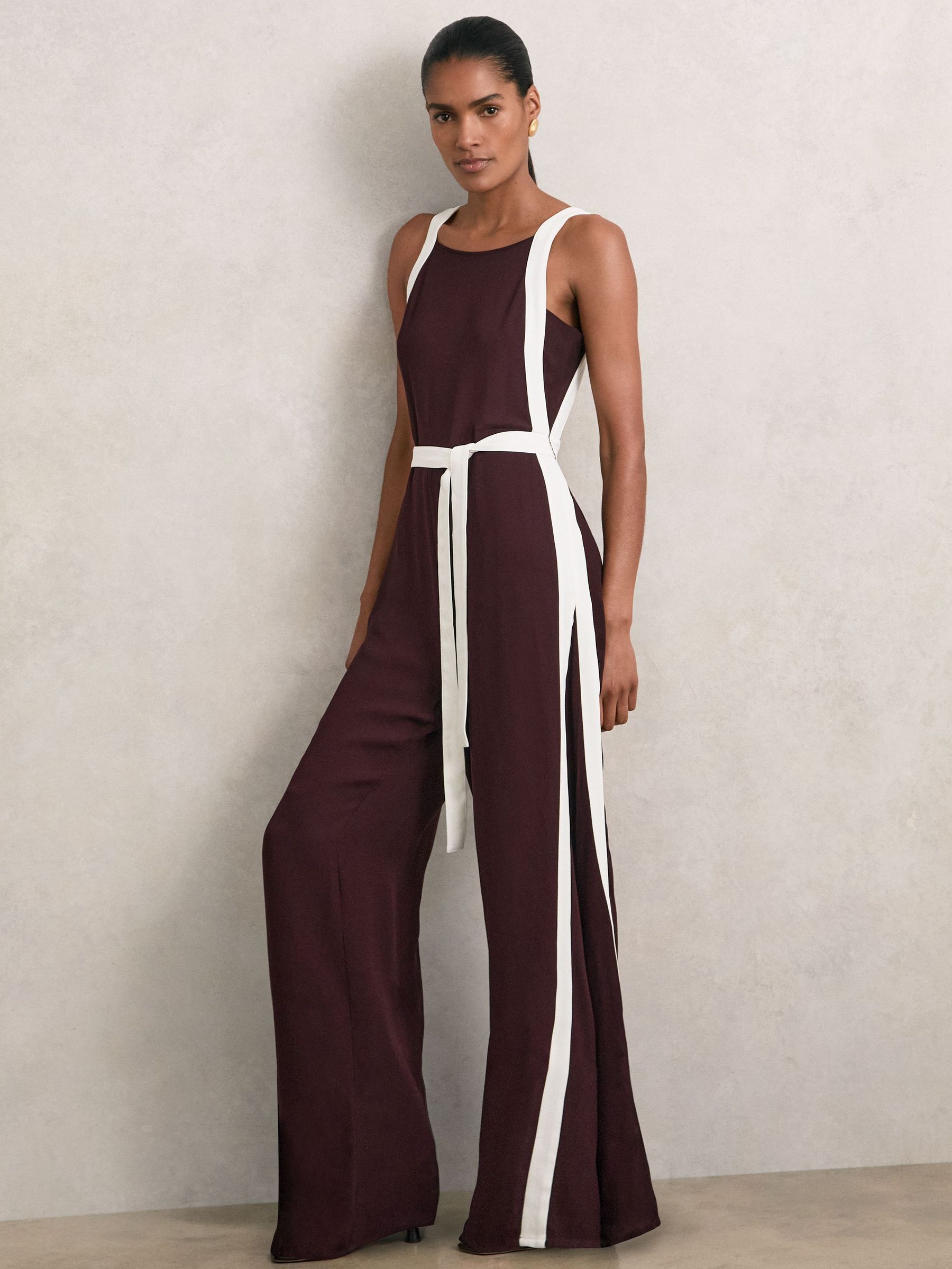 Colourblock Wide Leg Belted Jumpsuit in Burgundy/Cream (W63999) | £270