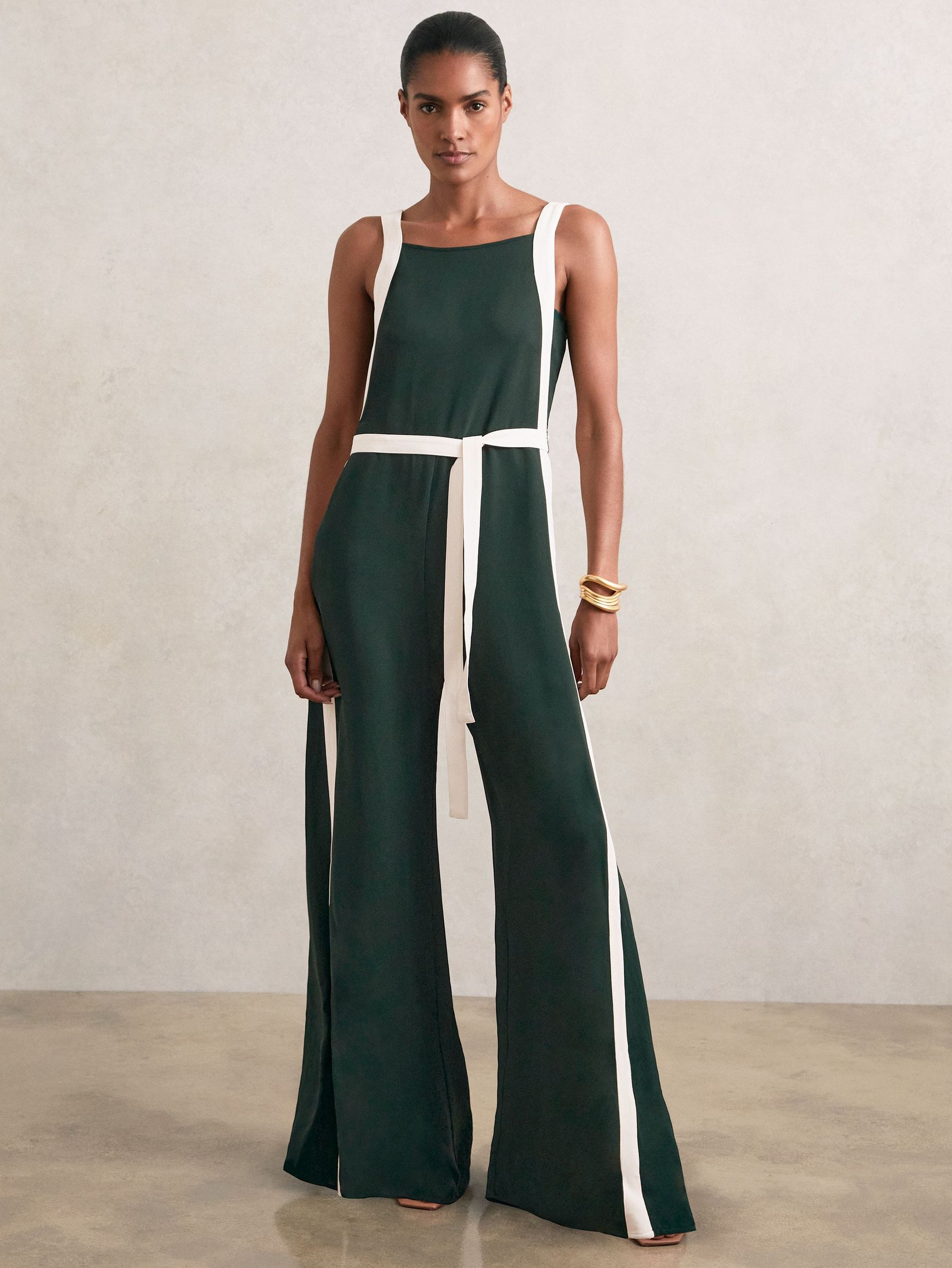 Colourblock Wide Leg Belted Jumpsuit in Dark Green/Cream (W64005) | £270