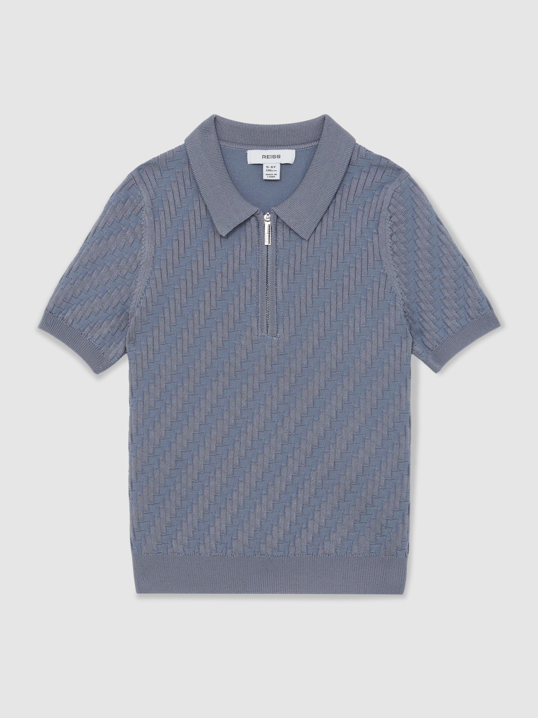 13-14 yrs Textured-Knit Half-Zip Polo Shirt in Airforce Blue (W64011) | £46