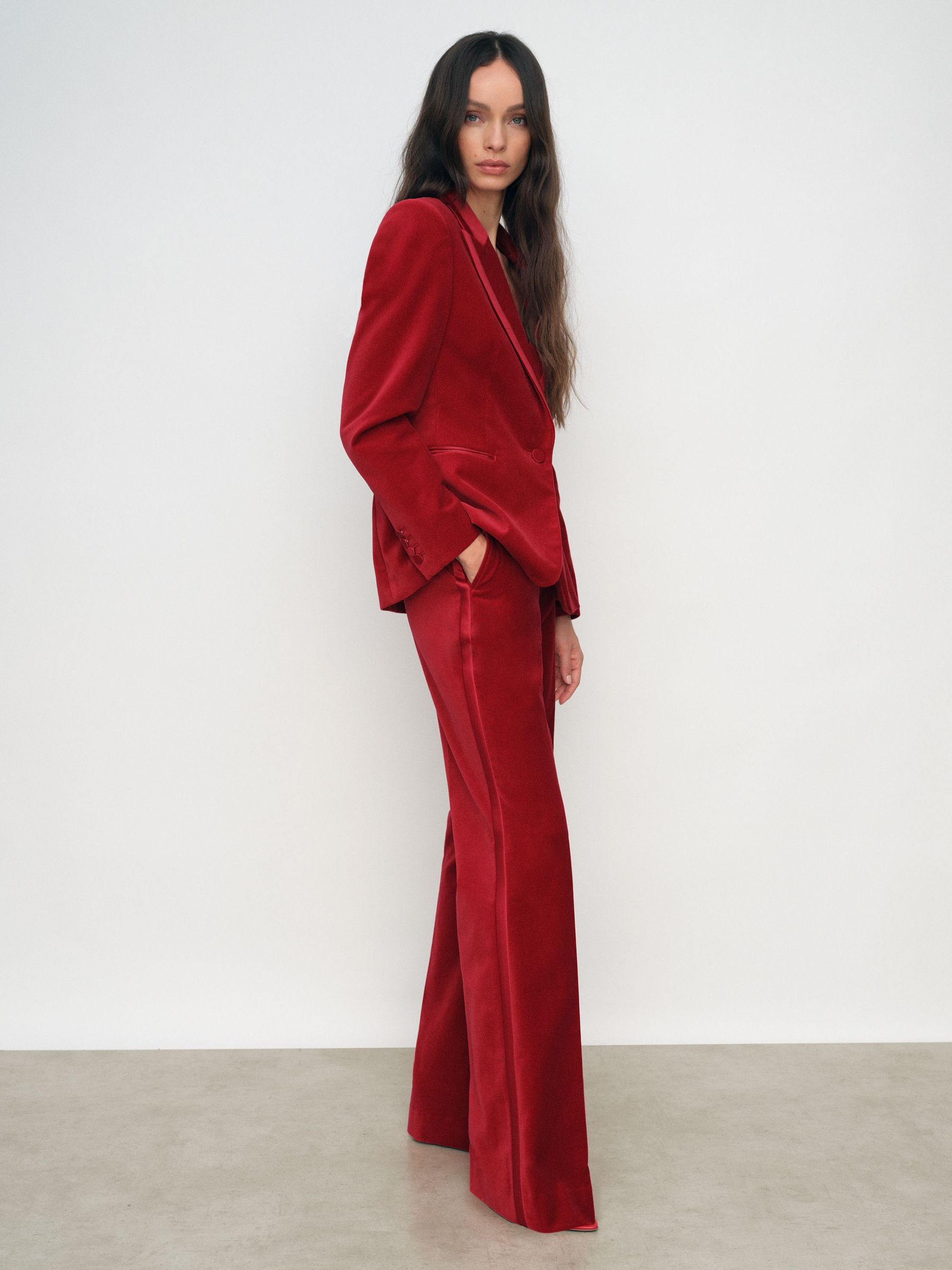 Velvet Tuxedo-Stripe Flared Trousers in Red (W64883) | £180