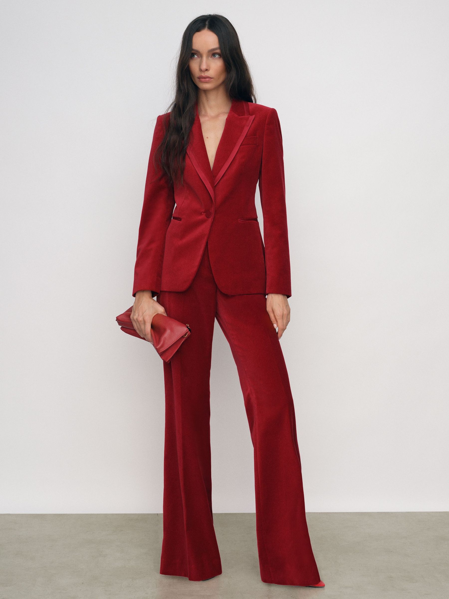 Petite Velvet Tuxedo-Stripe Flared Trousers in Red (W64884) | £180