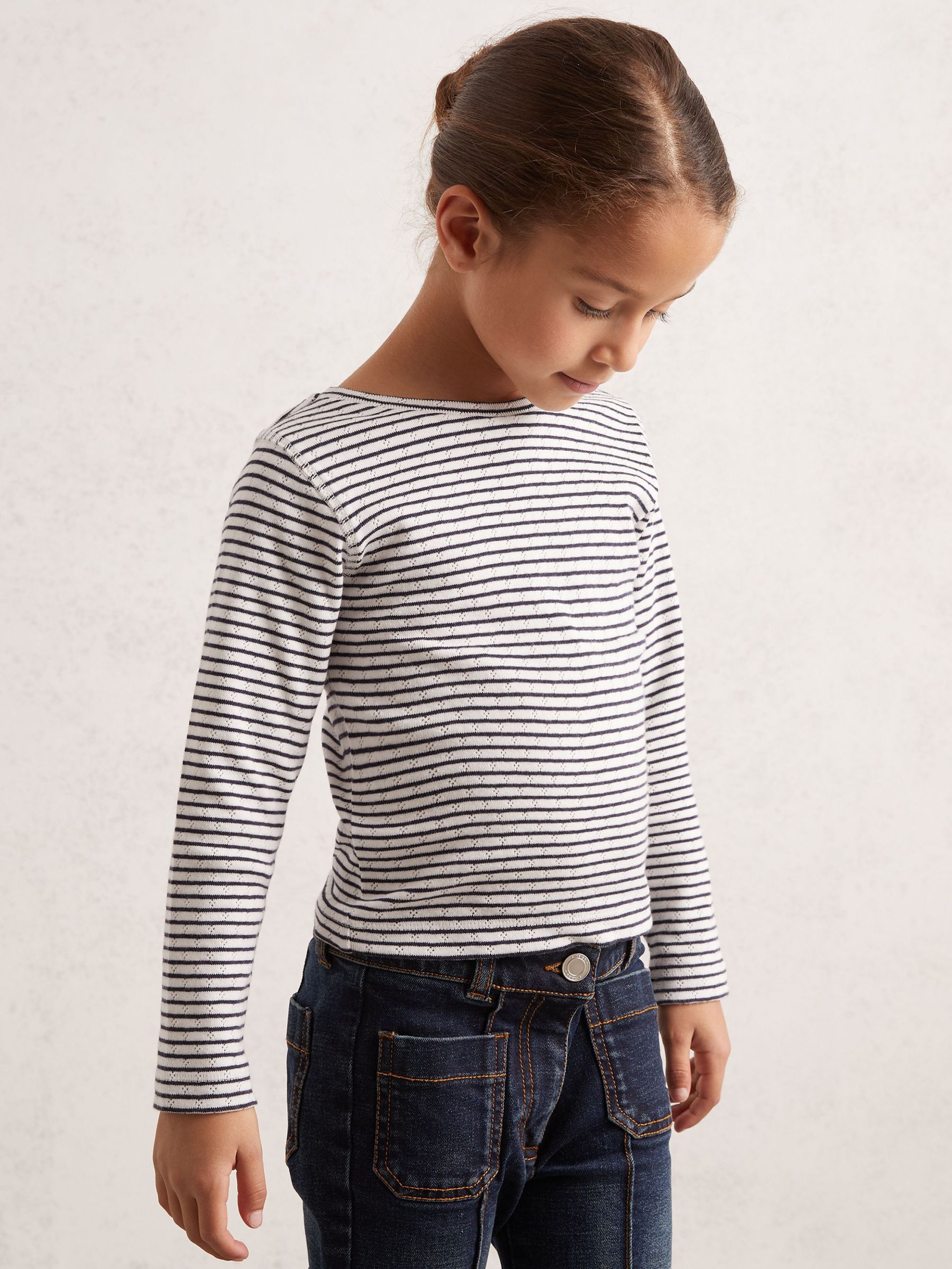 9-13 yrs Cotton Pointelle Long Sleeve Top in Navy/White (W64893) | £29