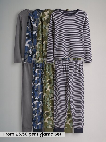Navy Blue/Khaki/Charcoal Grey - 4 Pack Snuggle Fit Cotton Jersey Pyjamas Set (W65116) | £22 - £26