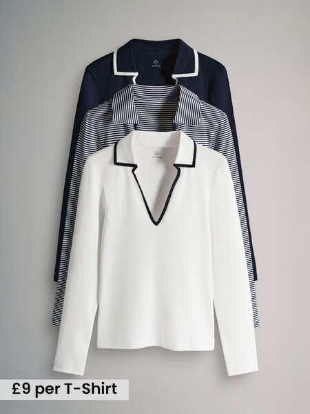 3 Pack Tipped Collar Ribbed Long Sleeve T-Shirts (W65407) | £27