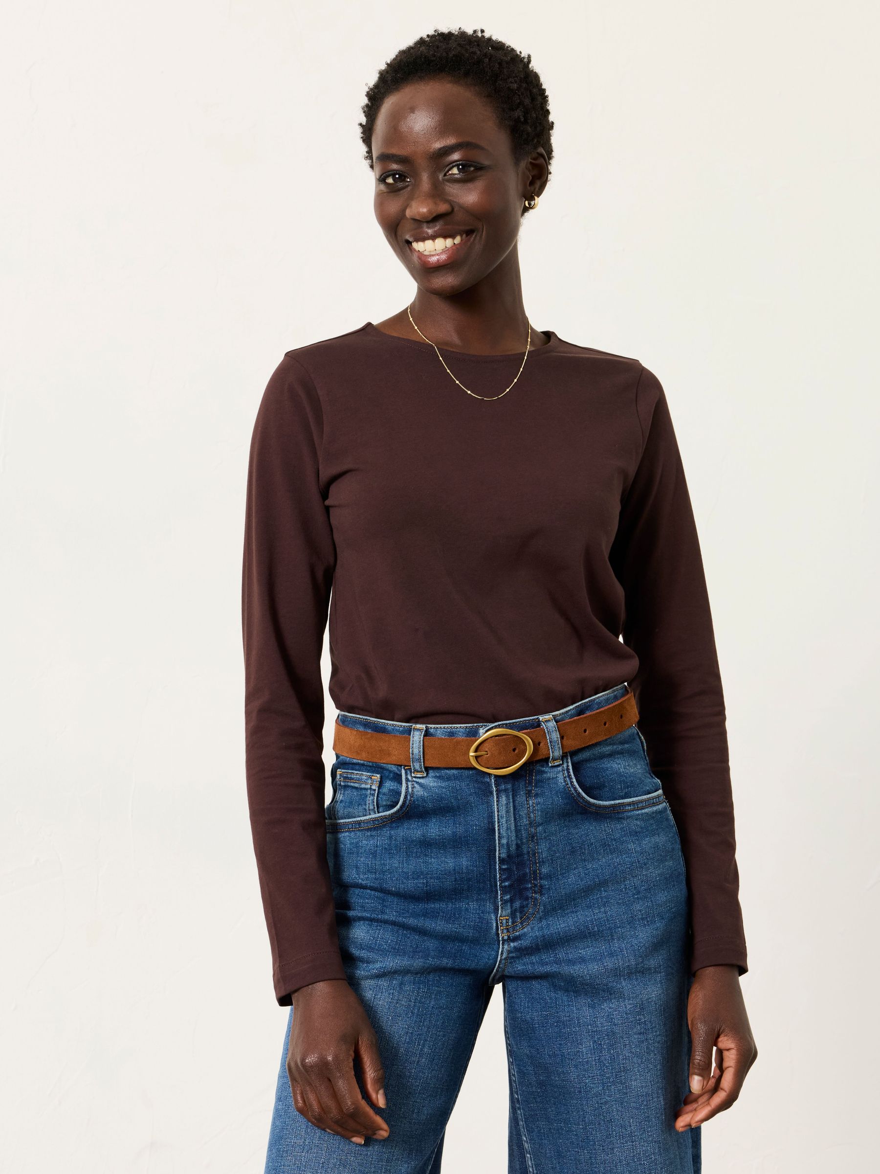 Nell Chocolate Brown Long Sleeve Round Neck Top (W66862) | £29.50