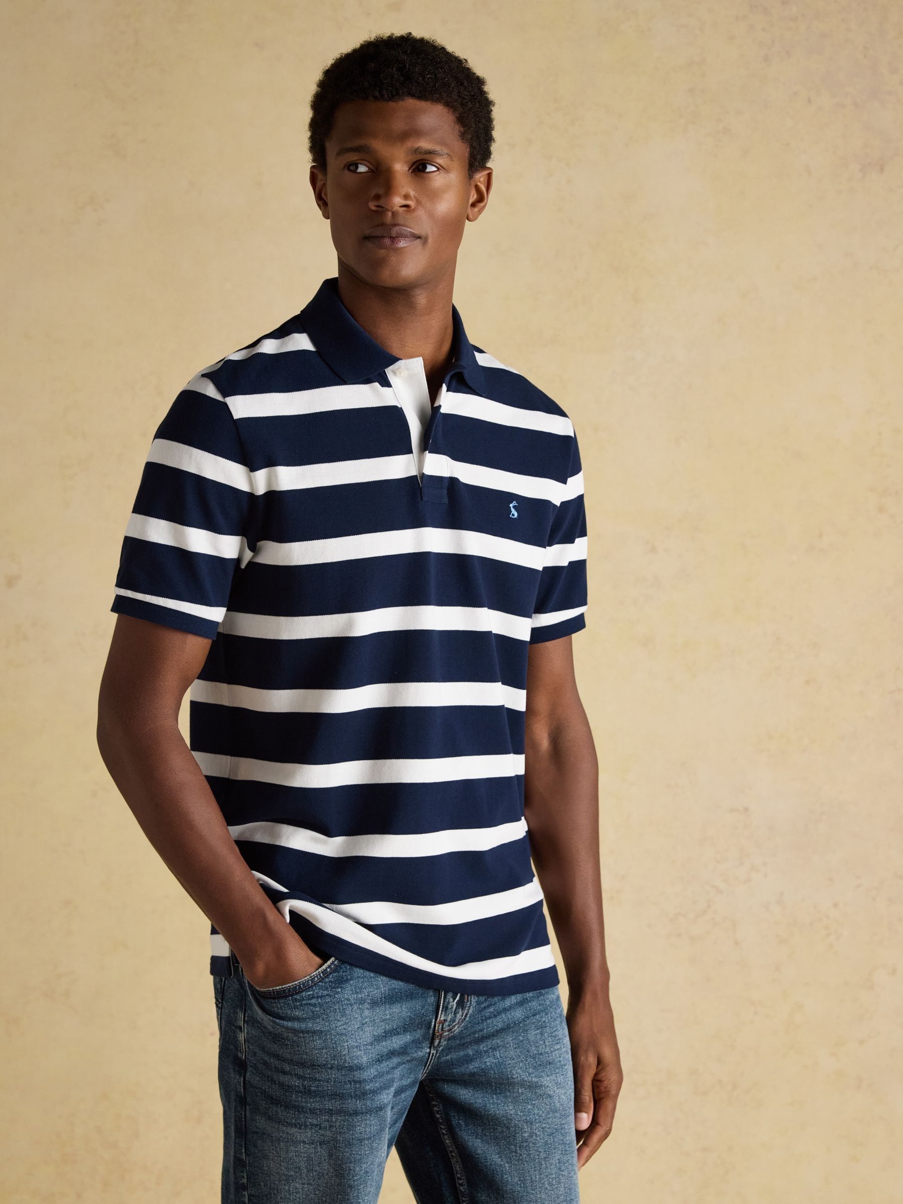 Woody Navy & White Stripe Cotton Pique Polo Shirt (W66871) | £35