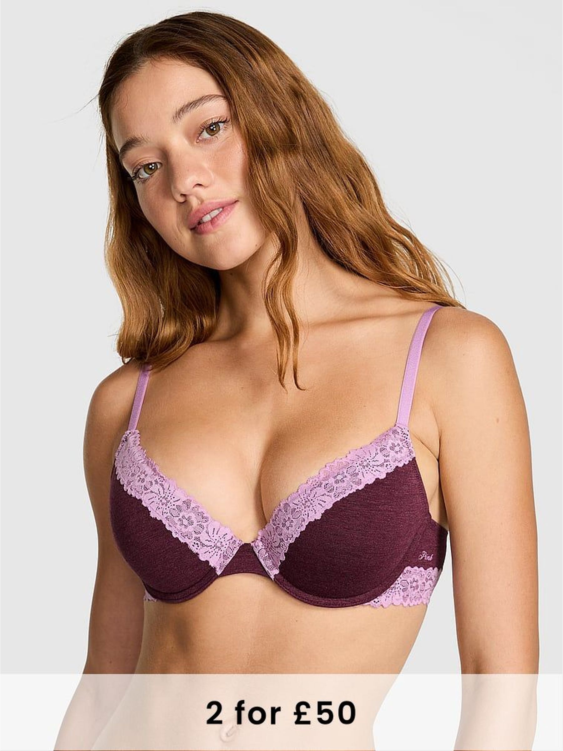 Burgandy Red Push Up Cotton Heather Lace Trim Bra (W67089) | £29