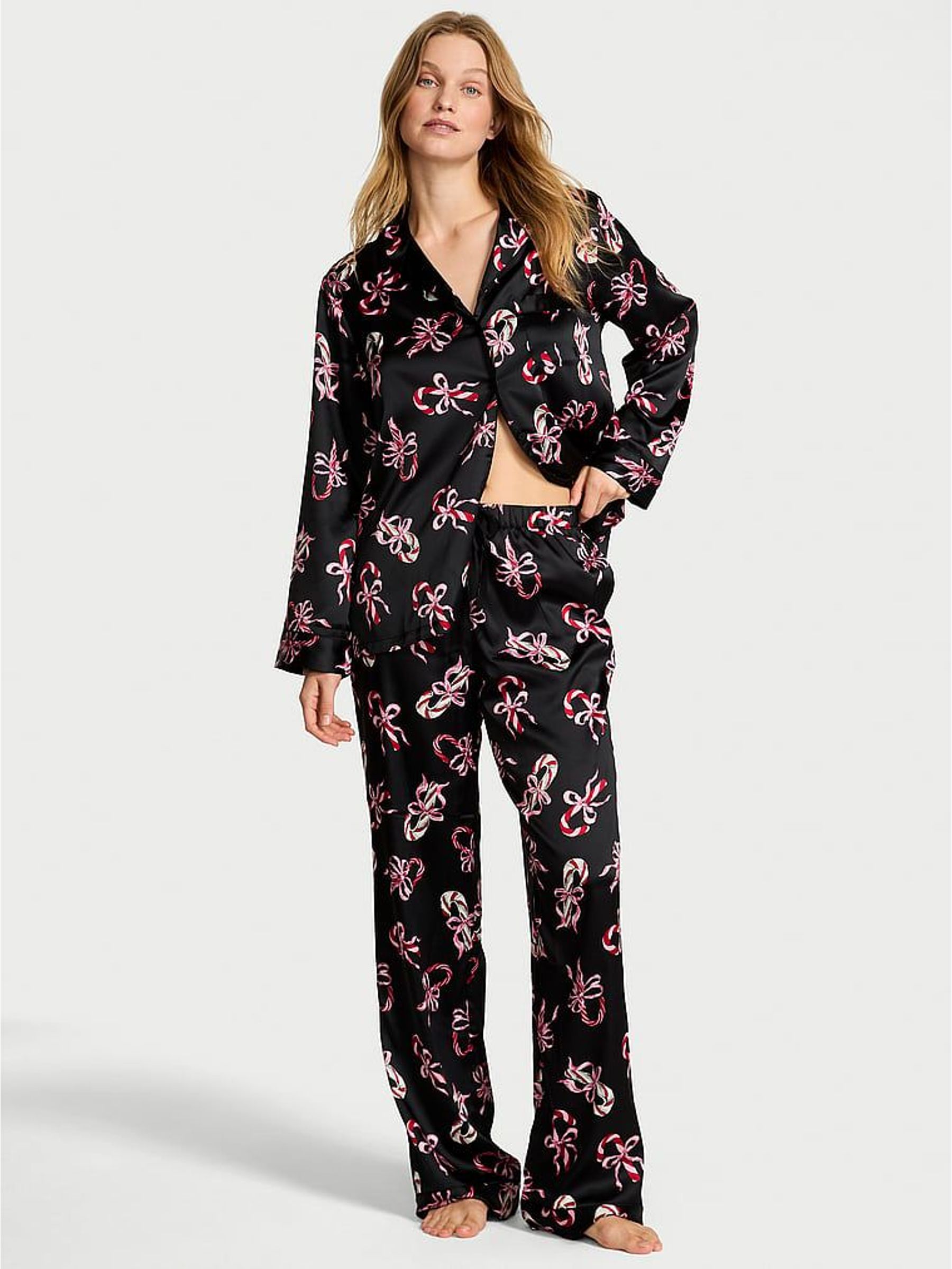 Black & Pink Candy Canes Satin Long Pyjamas Set (W67098) | £69