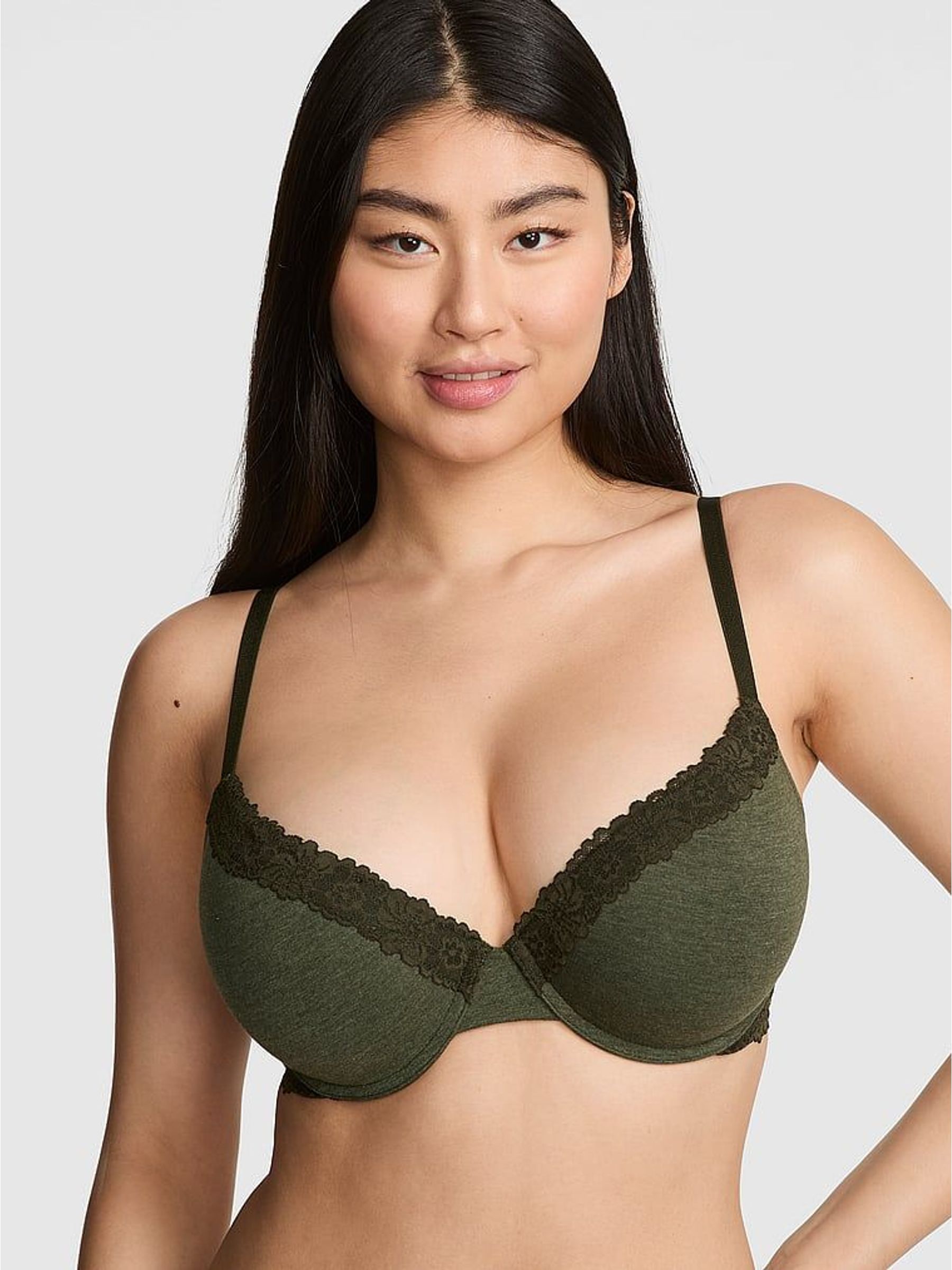 Forest Green Push Up Cotton Heather Lace Trim Bra (W67100) | £29