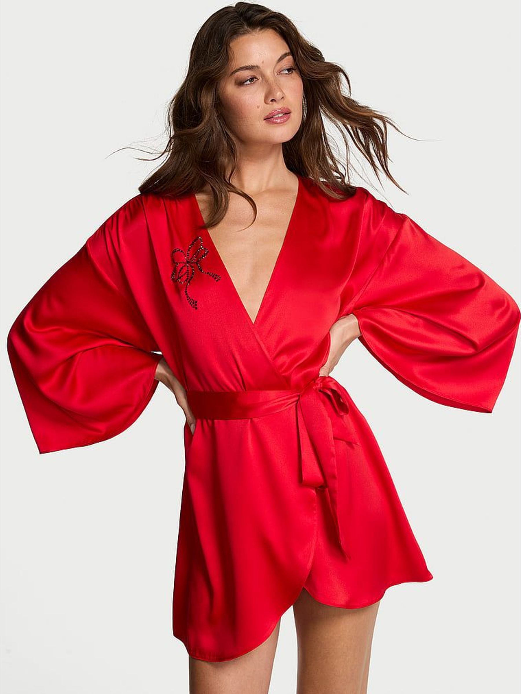 Bright Vermillion Red Satin Sparkle Bow Short Robe (W67136) | £59