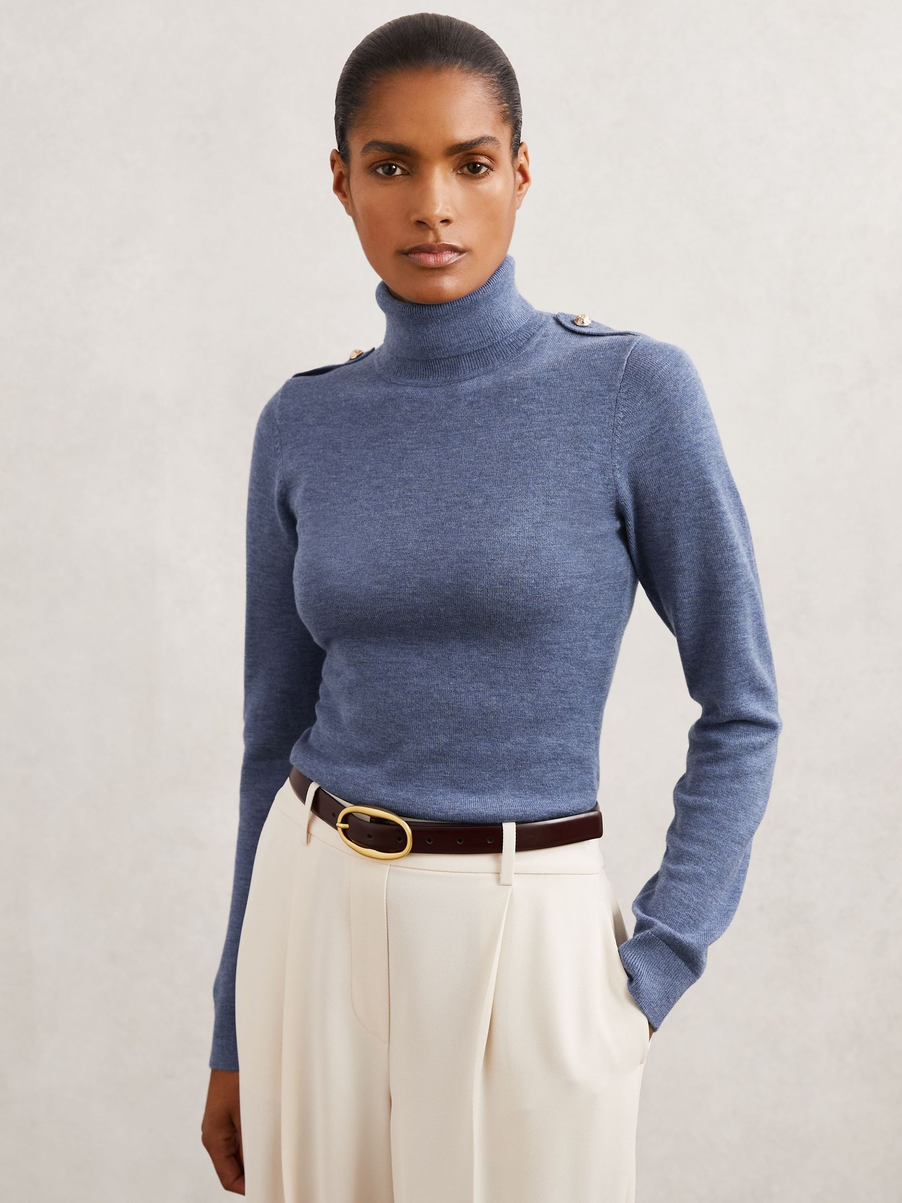 Wool Epaulette Roll-Neck Jumper in Blue (W67263) | £110