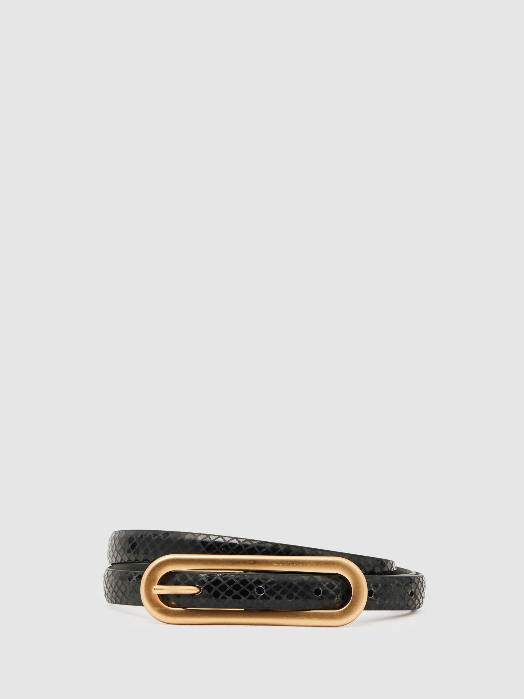 Leather Elongated-Buckle Skinny Belt in Black (W67269) | £58