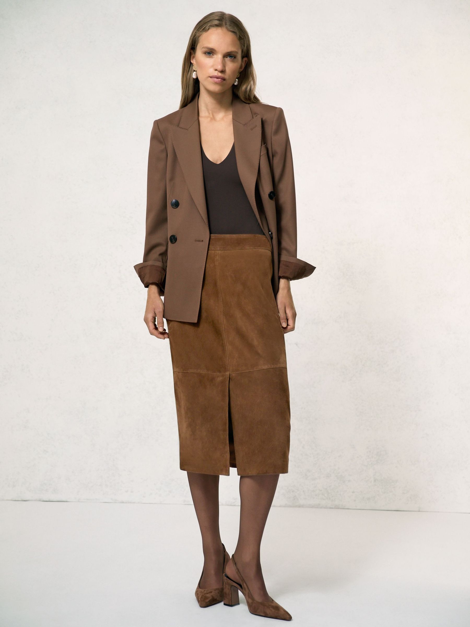 Suede Straight-Fit Midi Skirt in Tan Brown (W67626) | £298