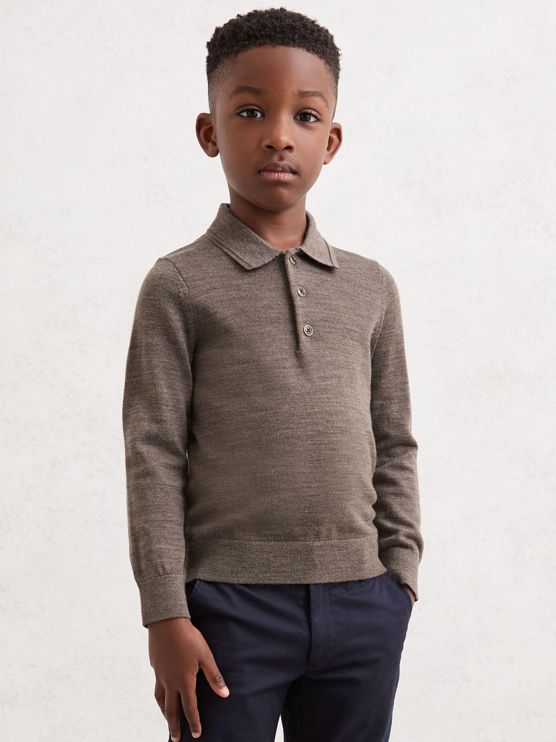 3-9 yrs Merino Wool Long-Sleeve Polo Shirt in Dark Brown Melange (W67630) | £34