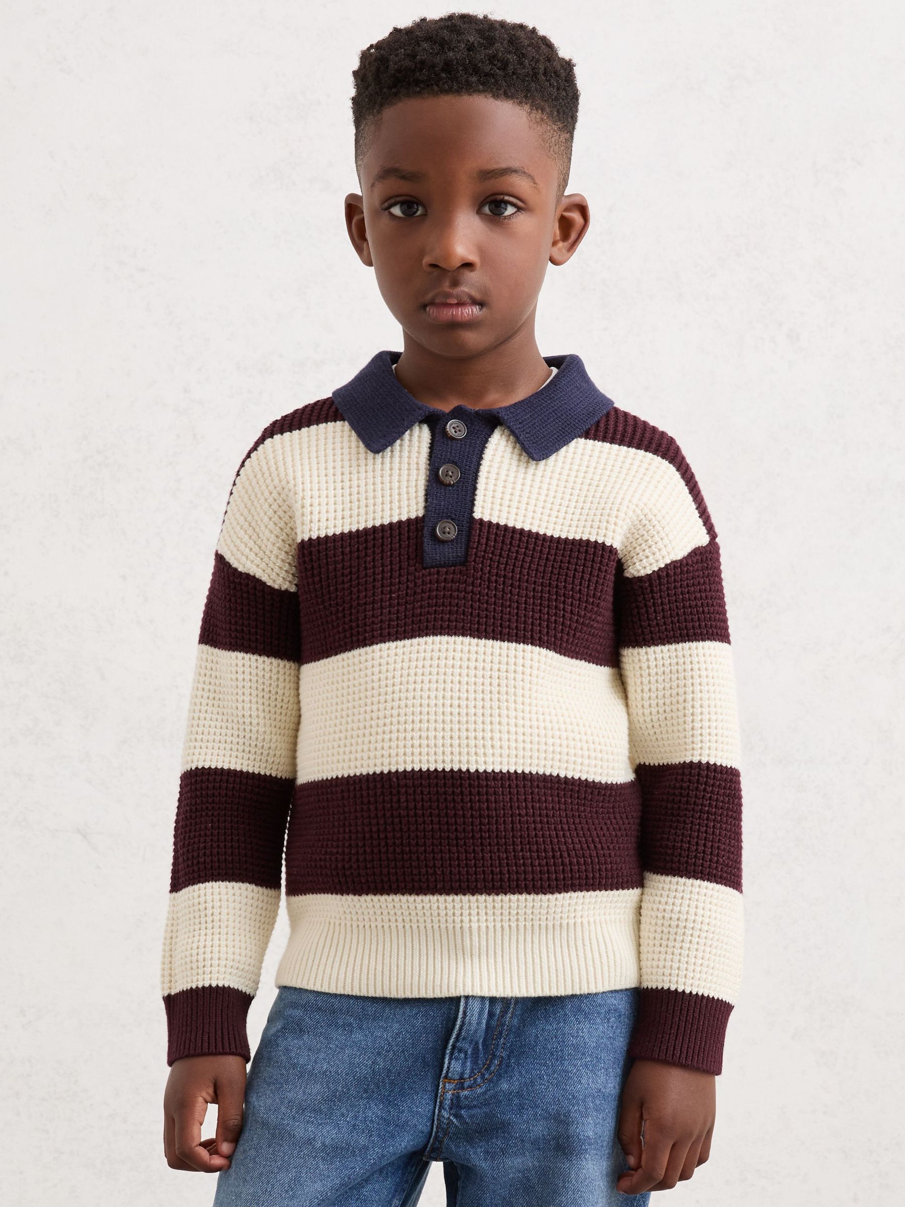 9-13 yrs Cotton-Blend Rugby Stripe Polo Jumper in Brown/ Off White/ Navy Blue (W67637) | £46