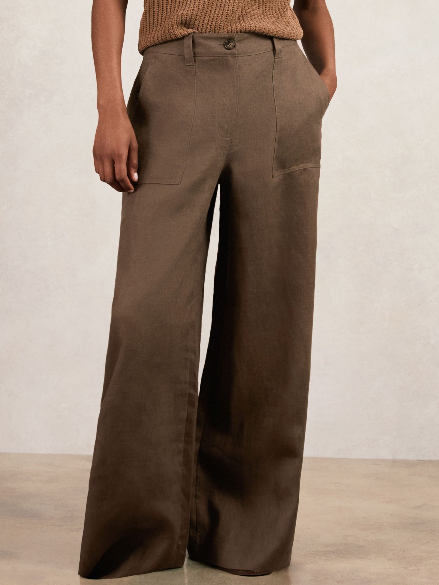Petite Linen Wide Leg Trousers in Chocolate Brown (W67652) | £150