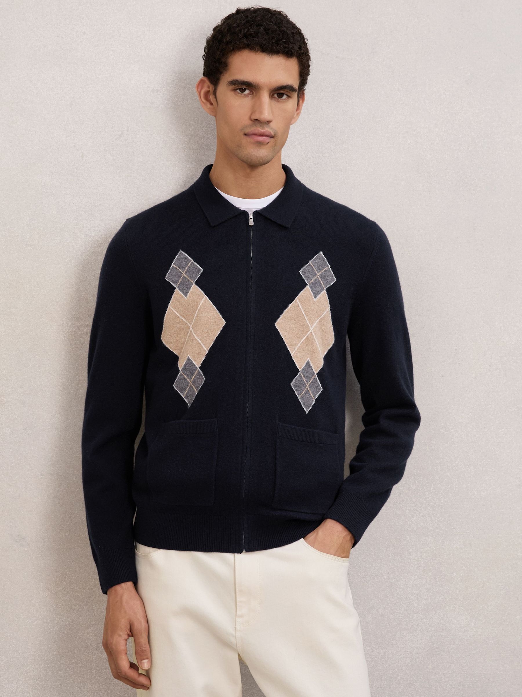 Wool Zip-Through Argyle Cardigan in Navy (W69583) | £140