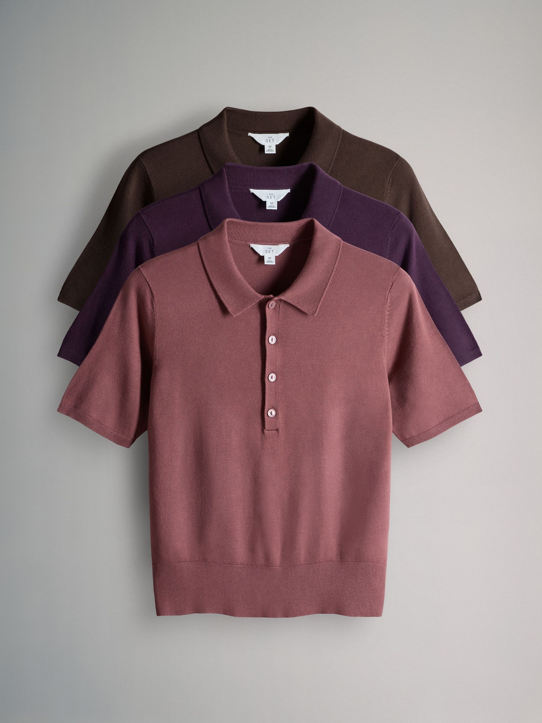 Brown/Plum/Dark Pink - 3 Pack Fine Knit Collared Polo Tops (W70176) | £30