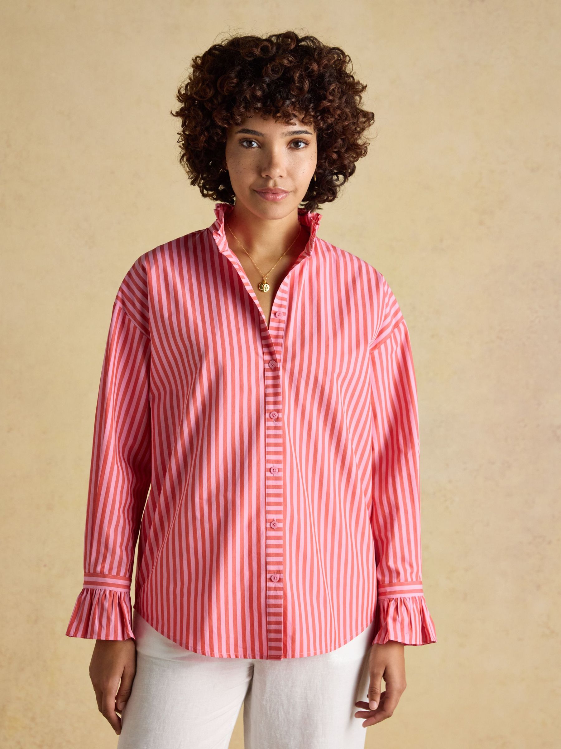 Mae Pink & Red Striped Relaxed Fit Shirt With Frill Neck
