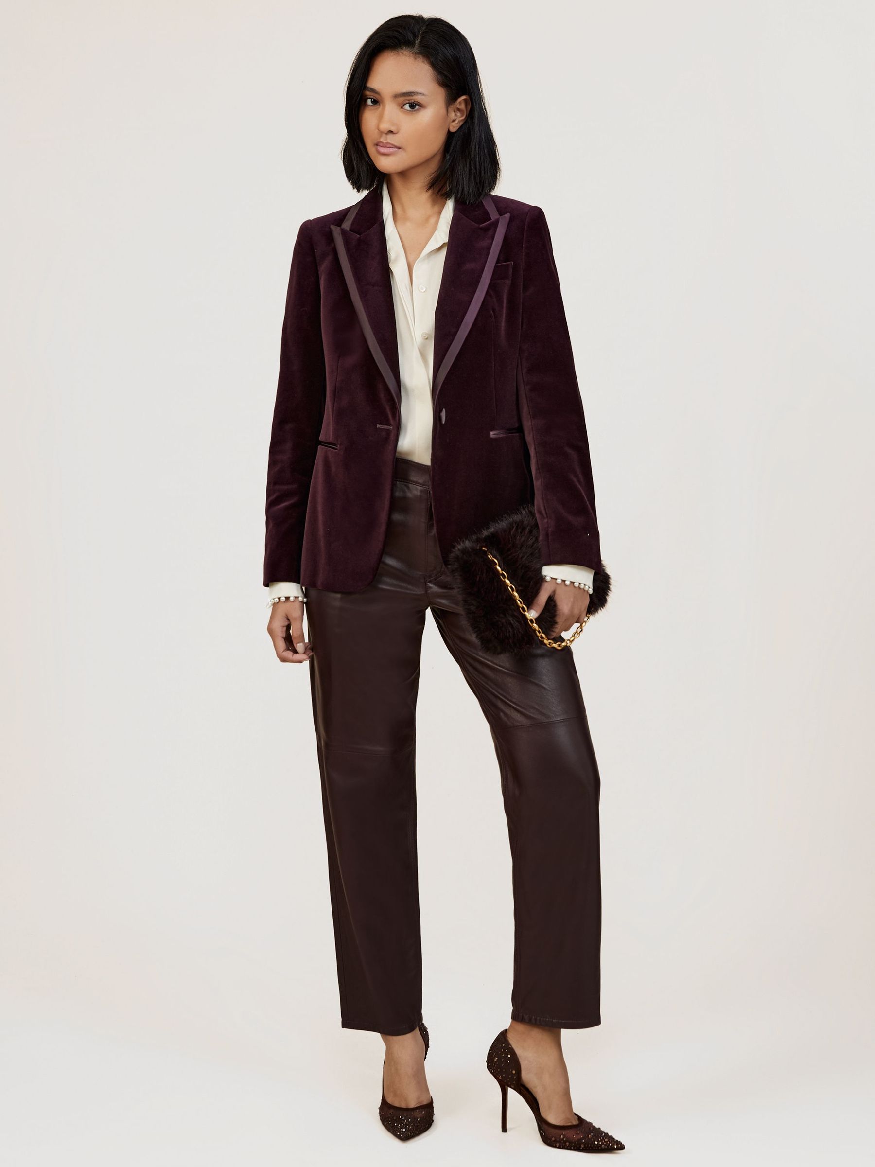 Petite Velvet Single-Breasted Suit Blazer in Burgundy (W71082) | £280