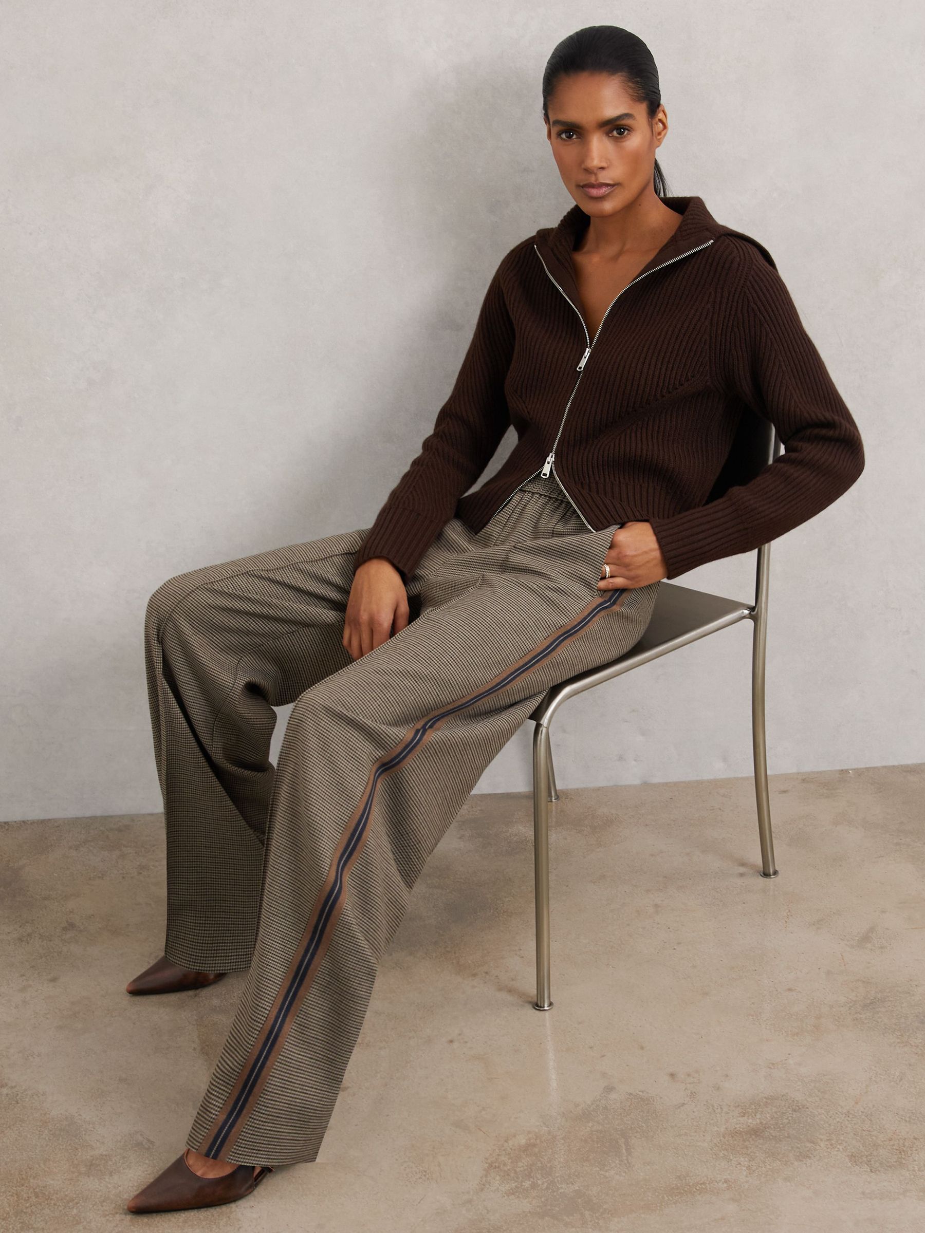 Petite Side-Stripe Wide-Leg Check Trousers in Neutral Check (W71086) | £150
