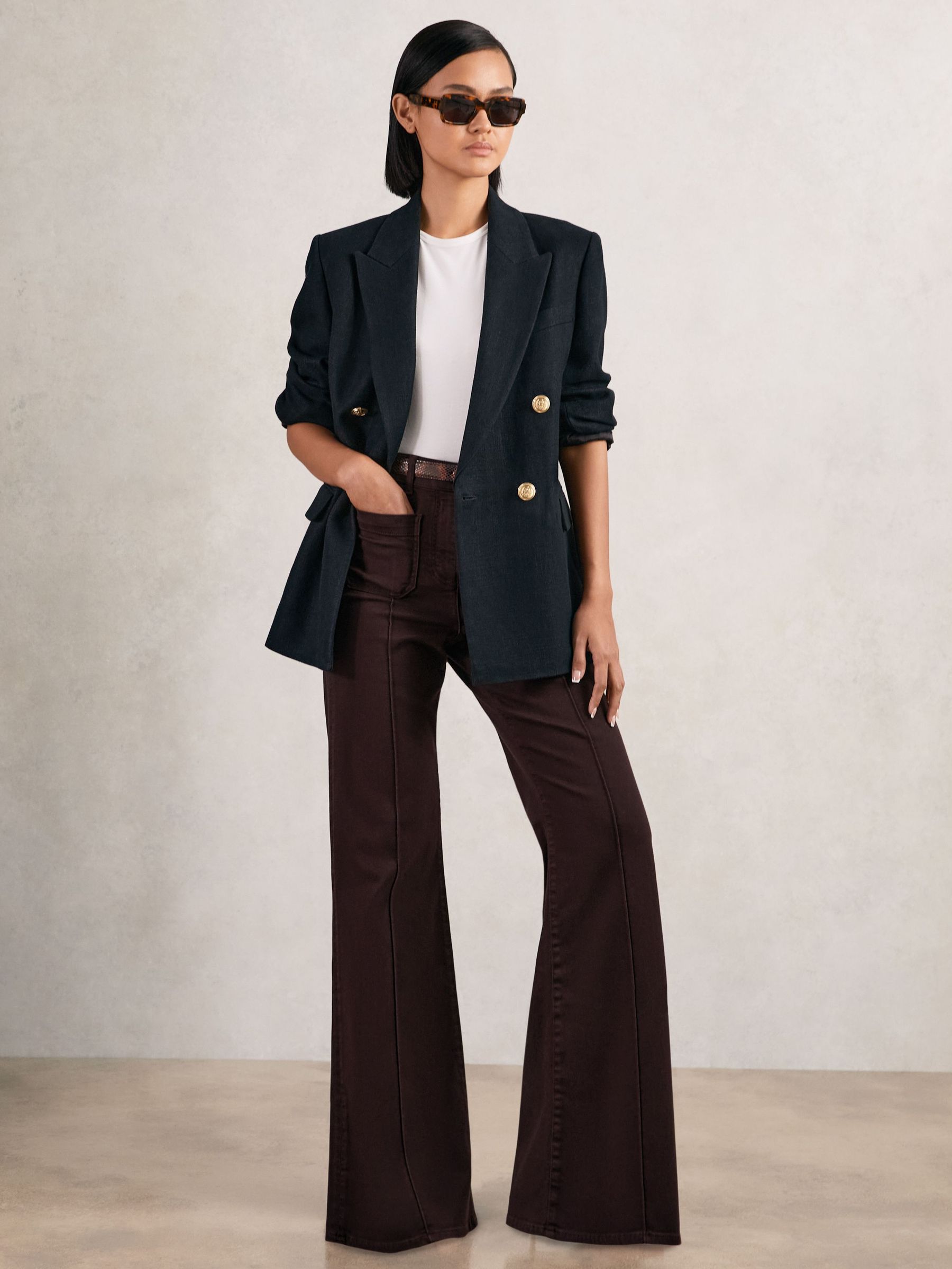Petite Patch Pocket Flared Jeans in Burgundy (W71095) | £158