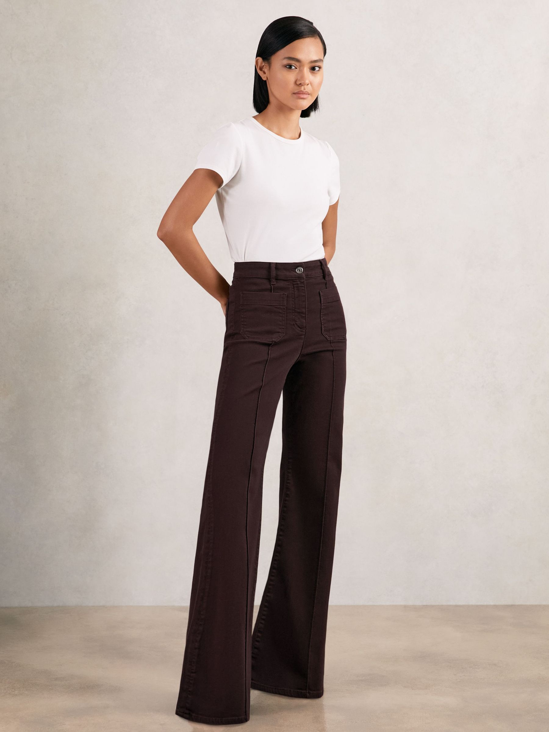 Patch Pocket Flared Jeans in Burgundy (W71108) | £158
