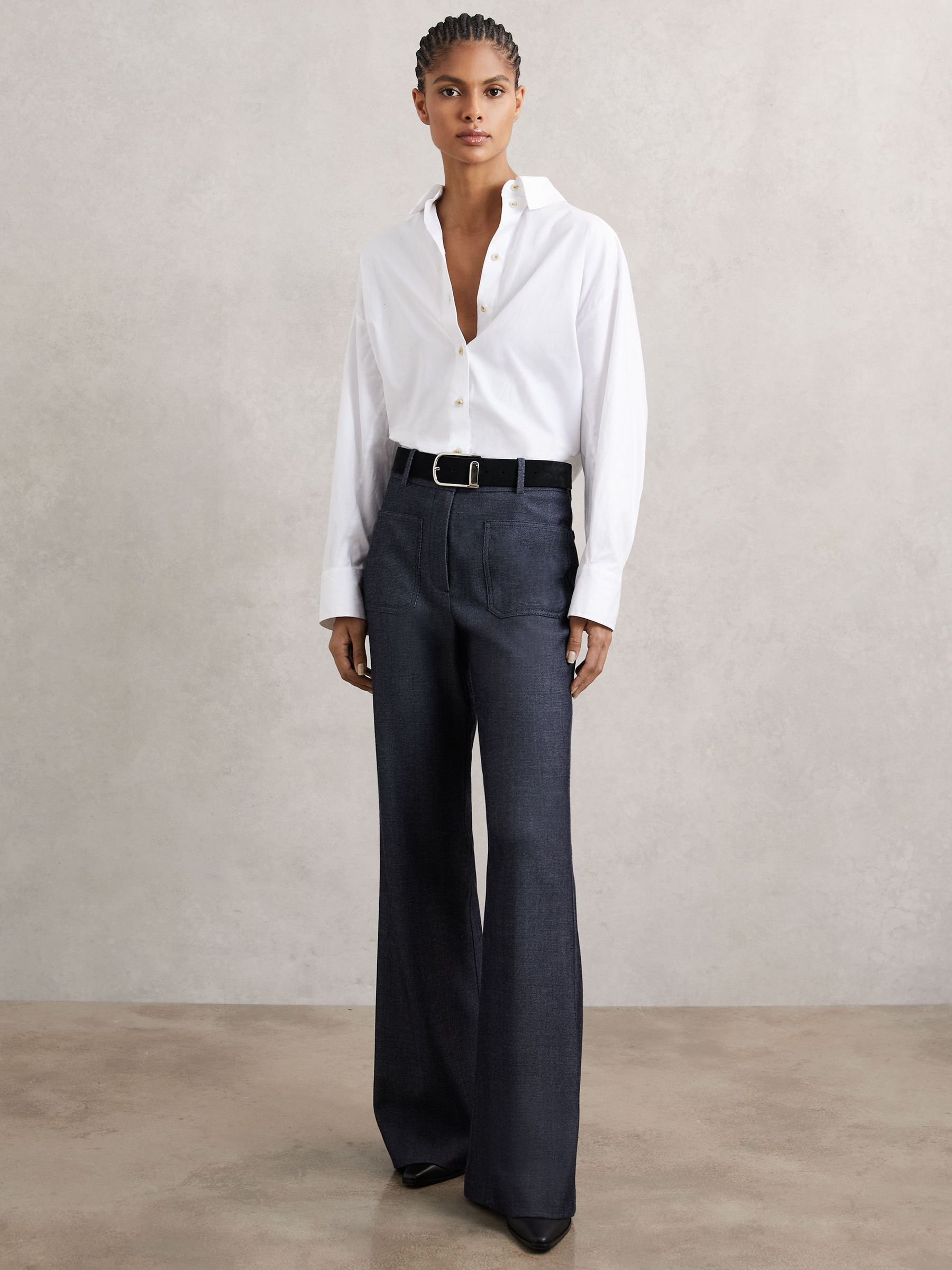 Petite Flannel Patch-Pocket Flared Trousers with Wool in Blue (W71109) | £180