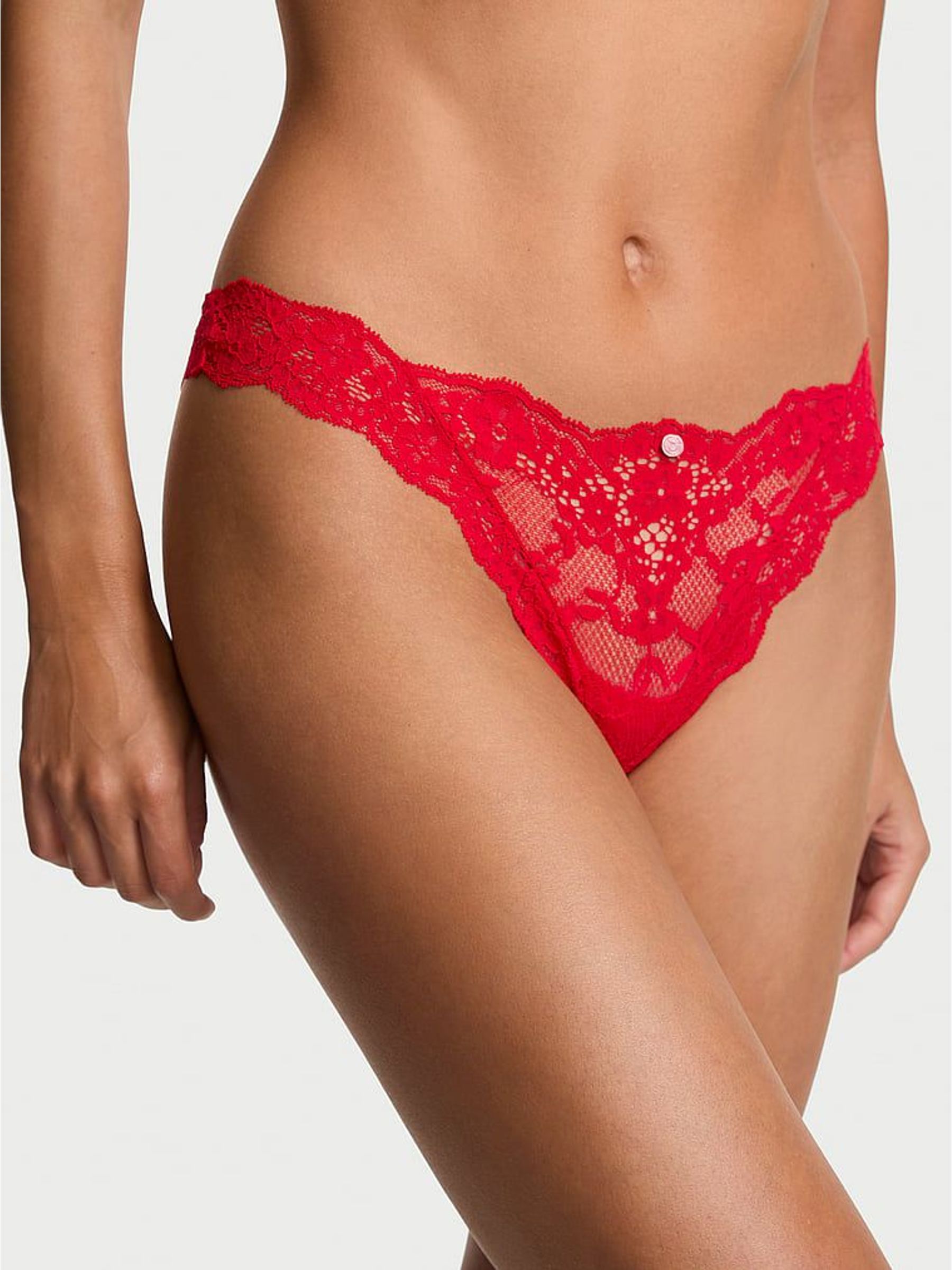 Bright Vermillion Red Thong Lace Knickers (W71563) | £18