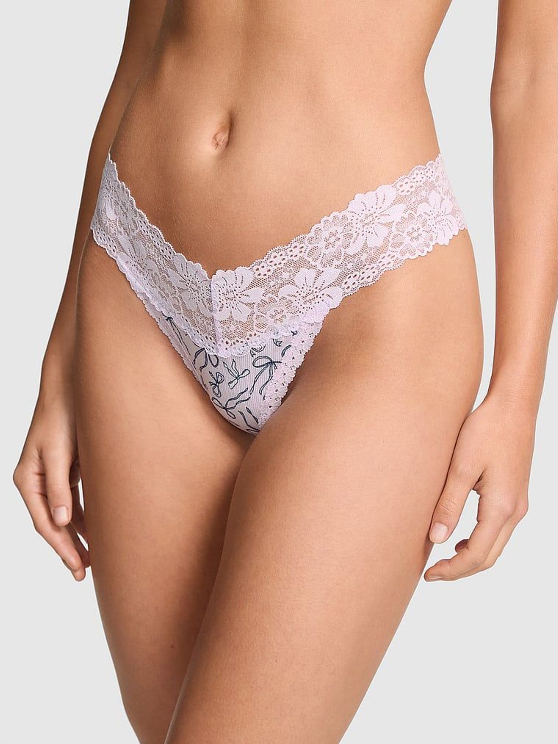 Purple Bow Print Thong Lace Trim Rib Knickers (W71576) | £10