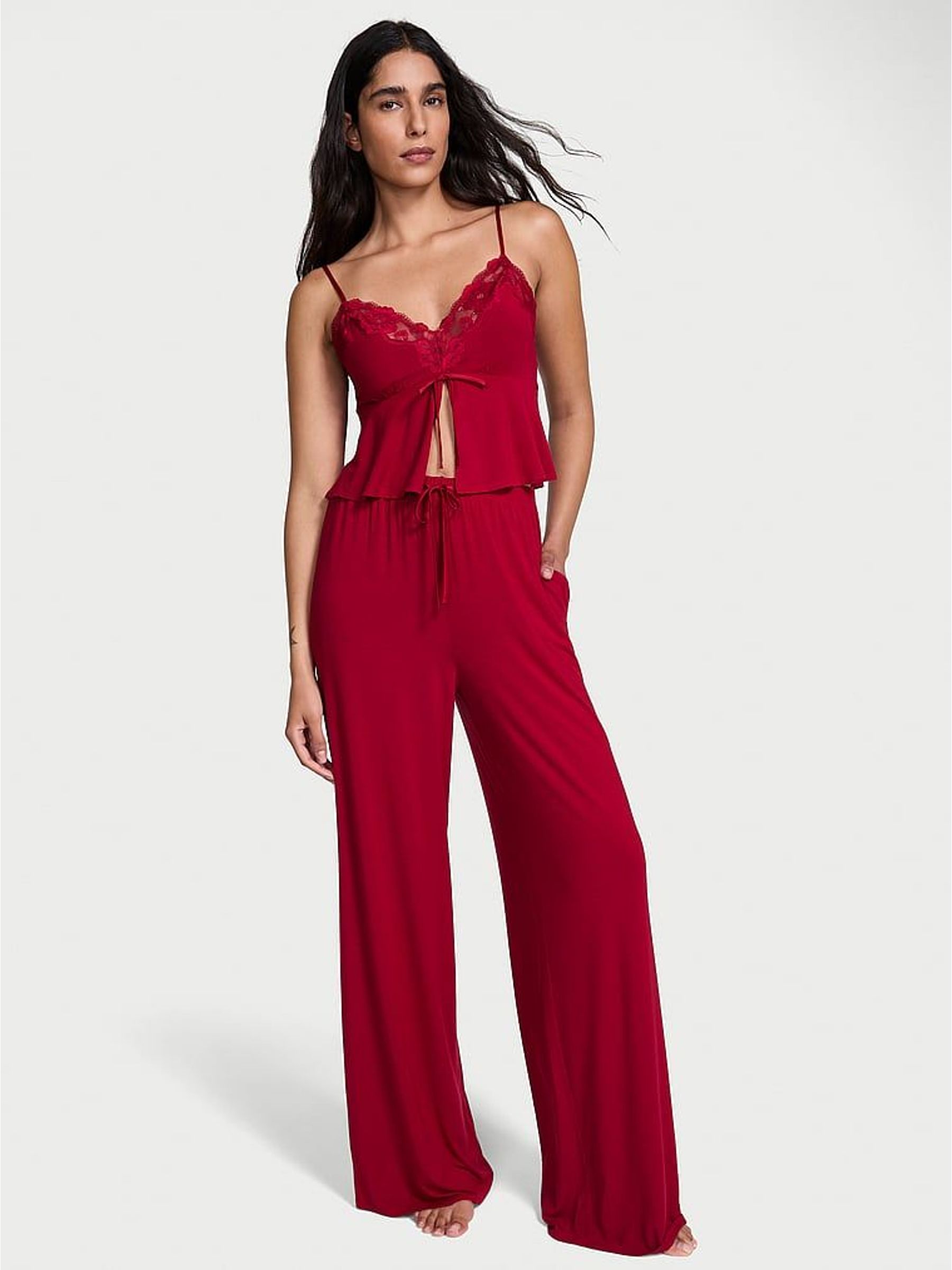 Red Lacquer Modal Lace Trim Cami & Wide Leg Trousers Set (W71676) | £69