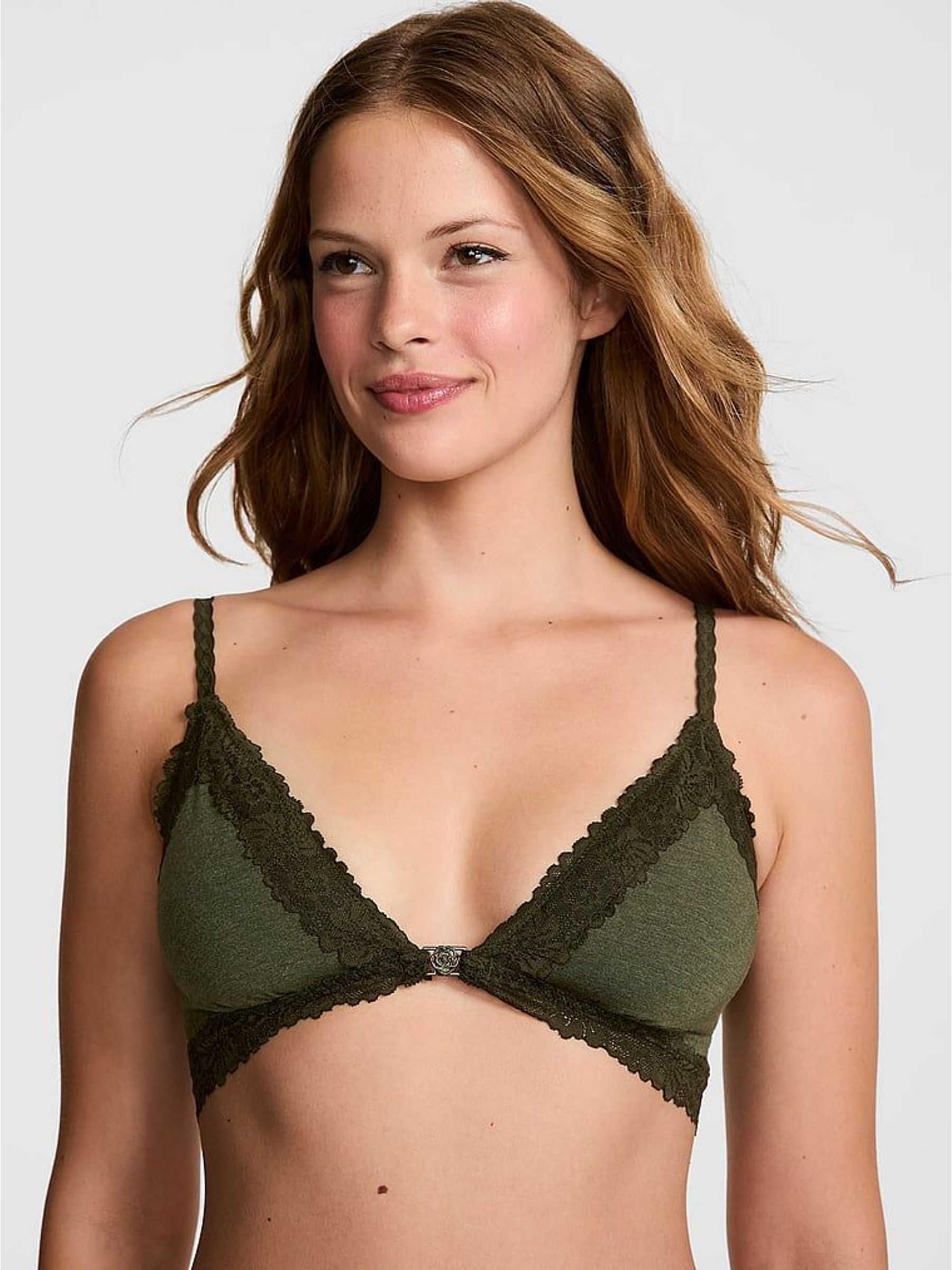 Forest Green Front Close Cotton Heather Lace Trim Bra (W71686) | £20