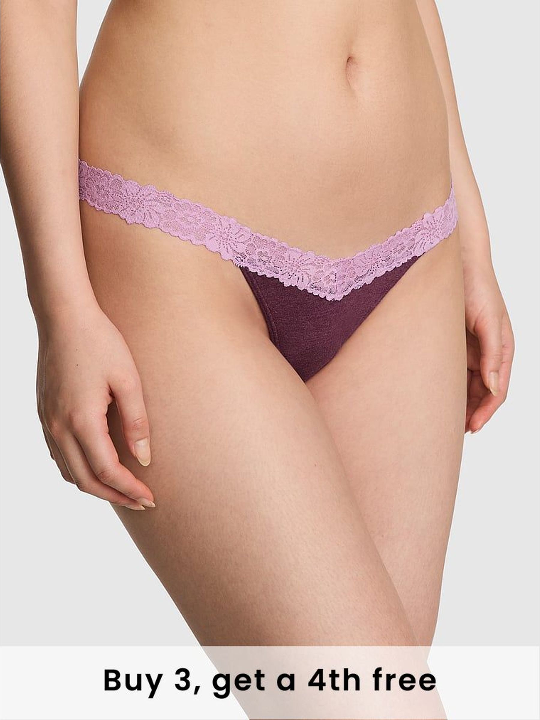 Burgandy Red Thong Cotton Heather Lace Trim Knickers (W71701) | £9