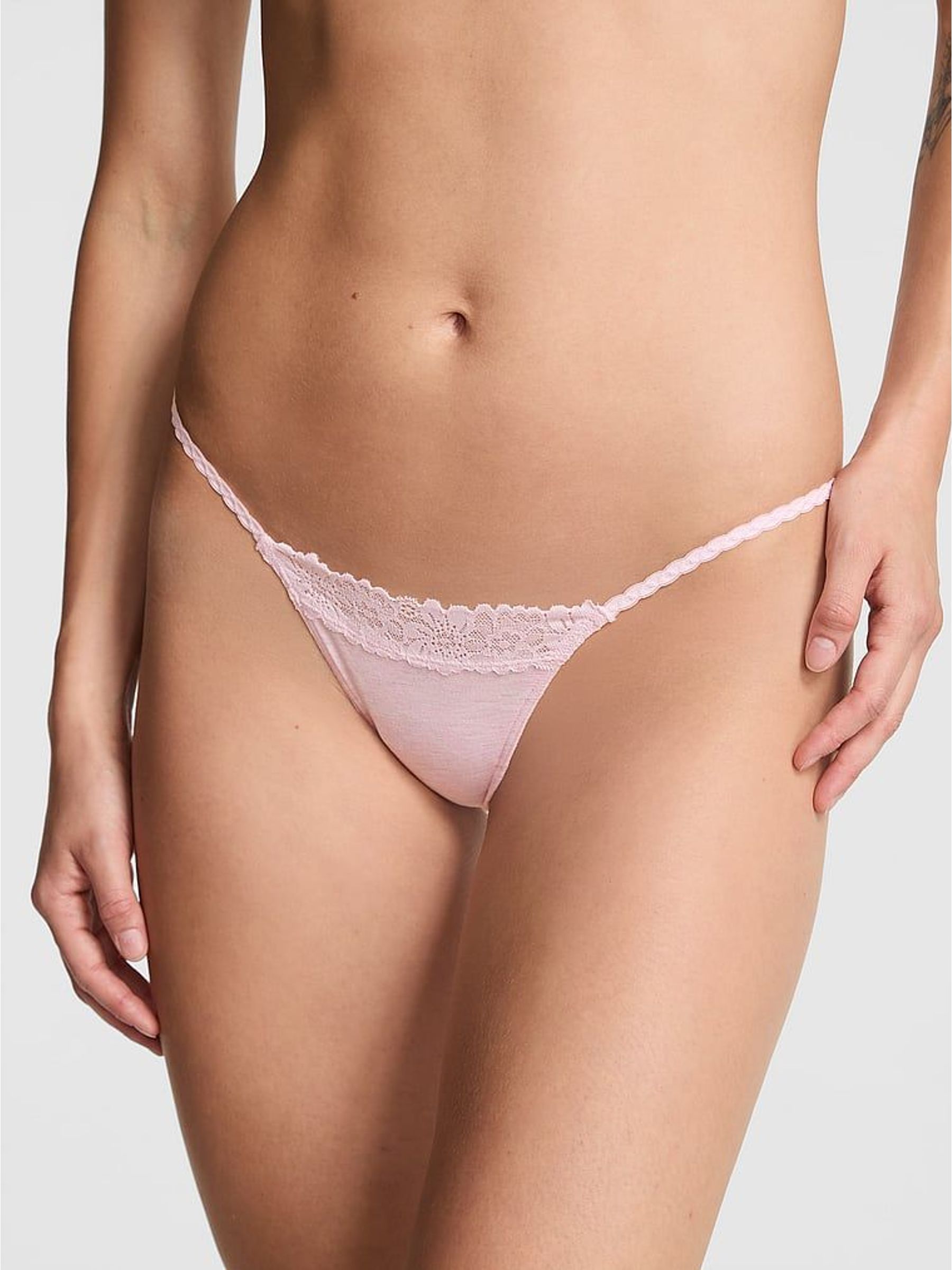 Petal Pink Mini Scoop Thong Cotton Heather Lace Trim Knickers (W71752) | £10
