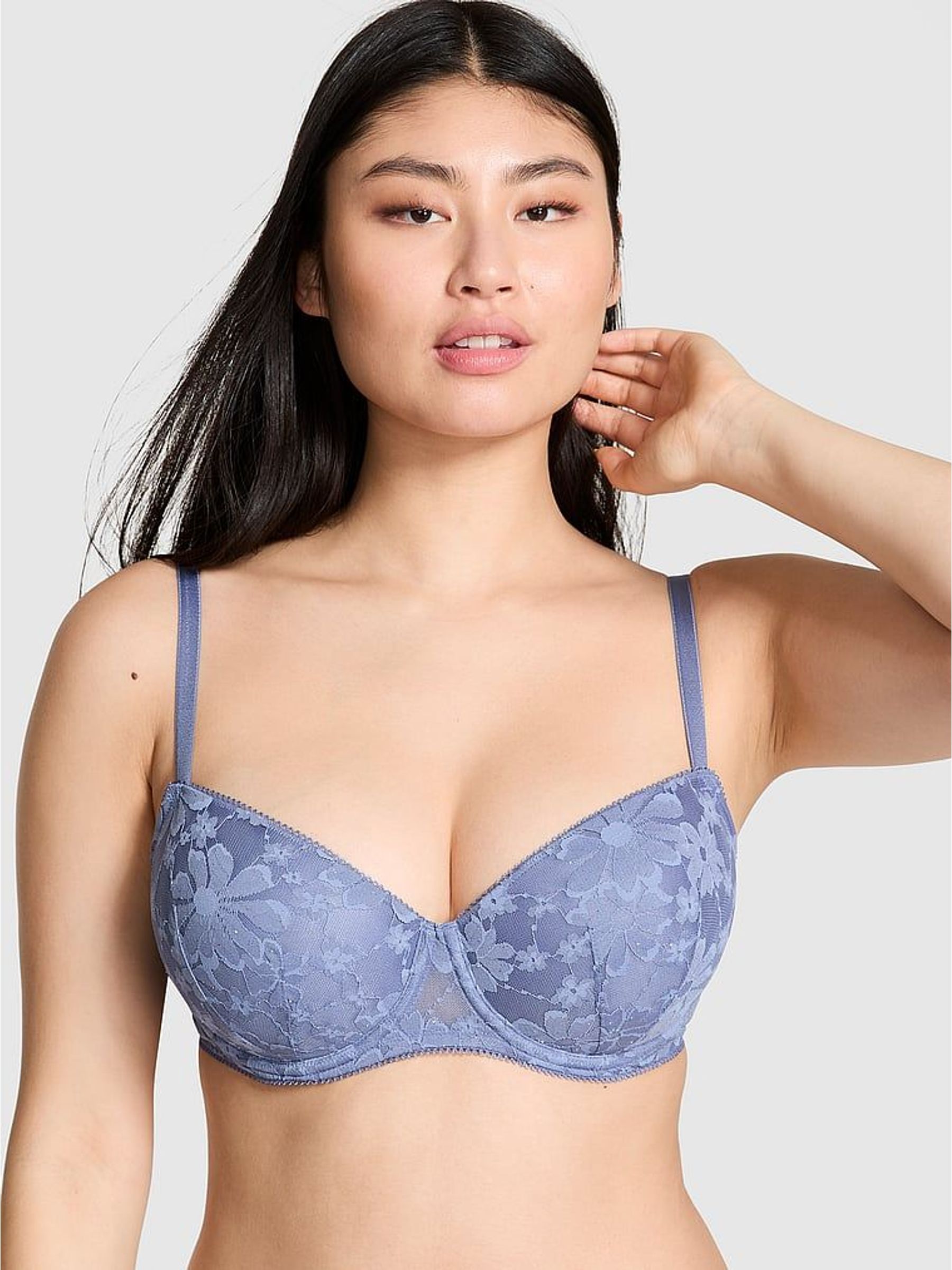 Dusty Iris Blue Lightly Lined Balcony Sequin Lace Bra (W71758) | £36