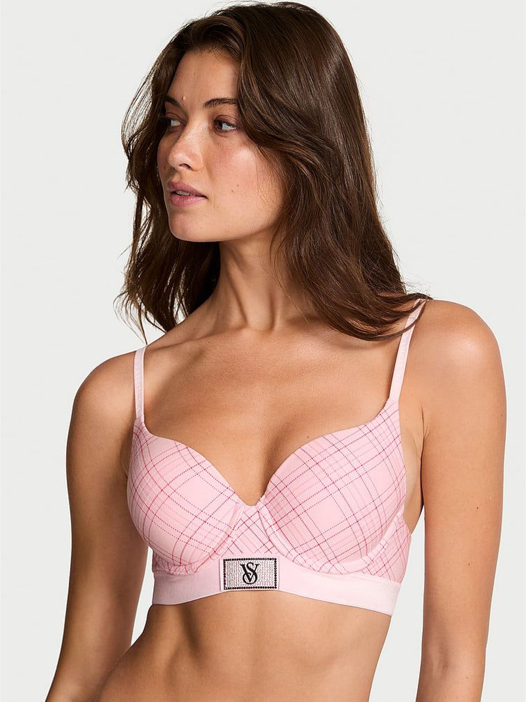 Pink Tartan Full Cup Push Up Logo Shine Patch Velvet Bra (W71792) | £40
