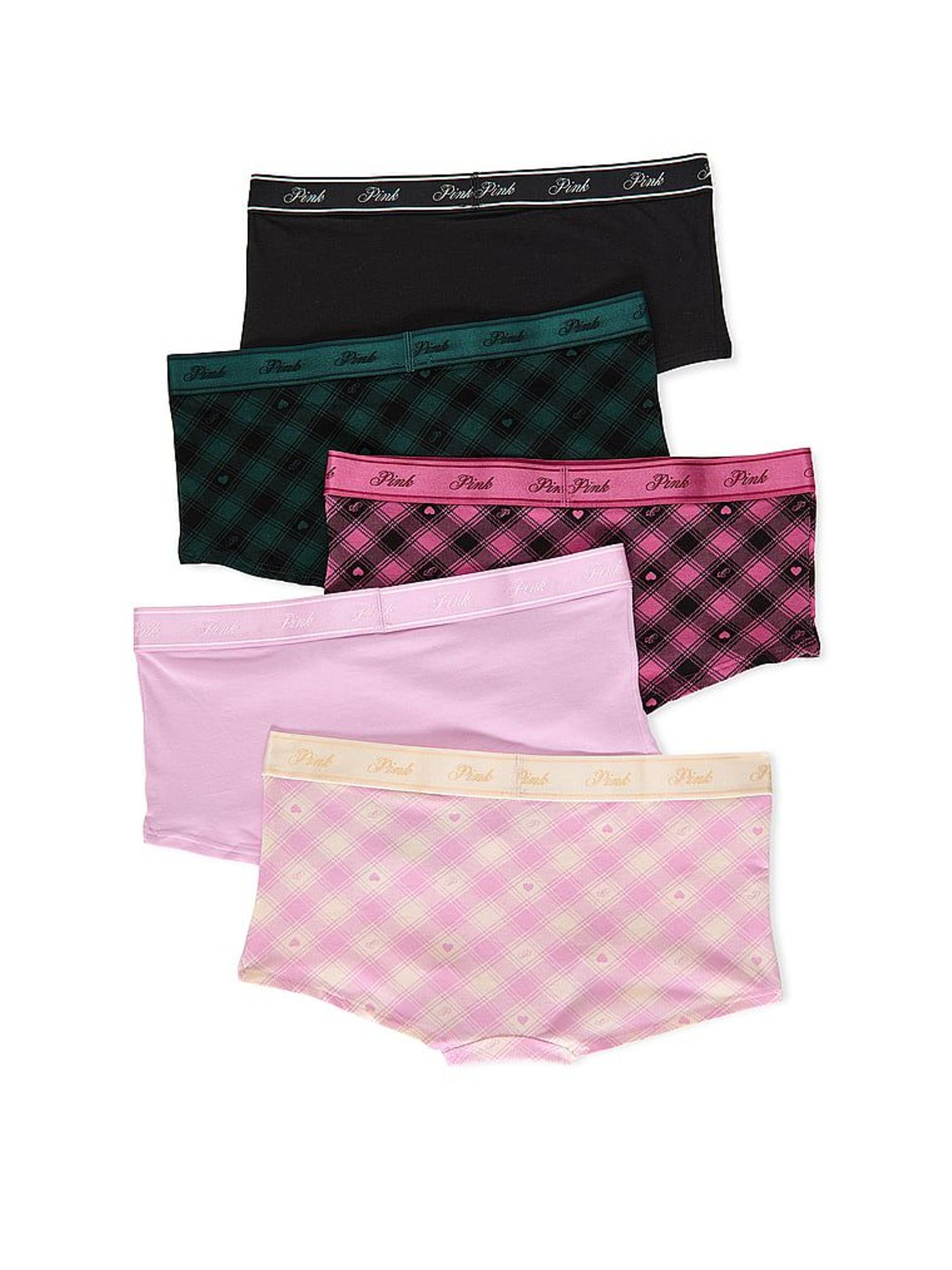Pink/Green/Black Tartan Print Boyshort 5 Pack Logo Knickers (W71830) | £30