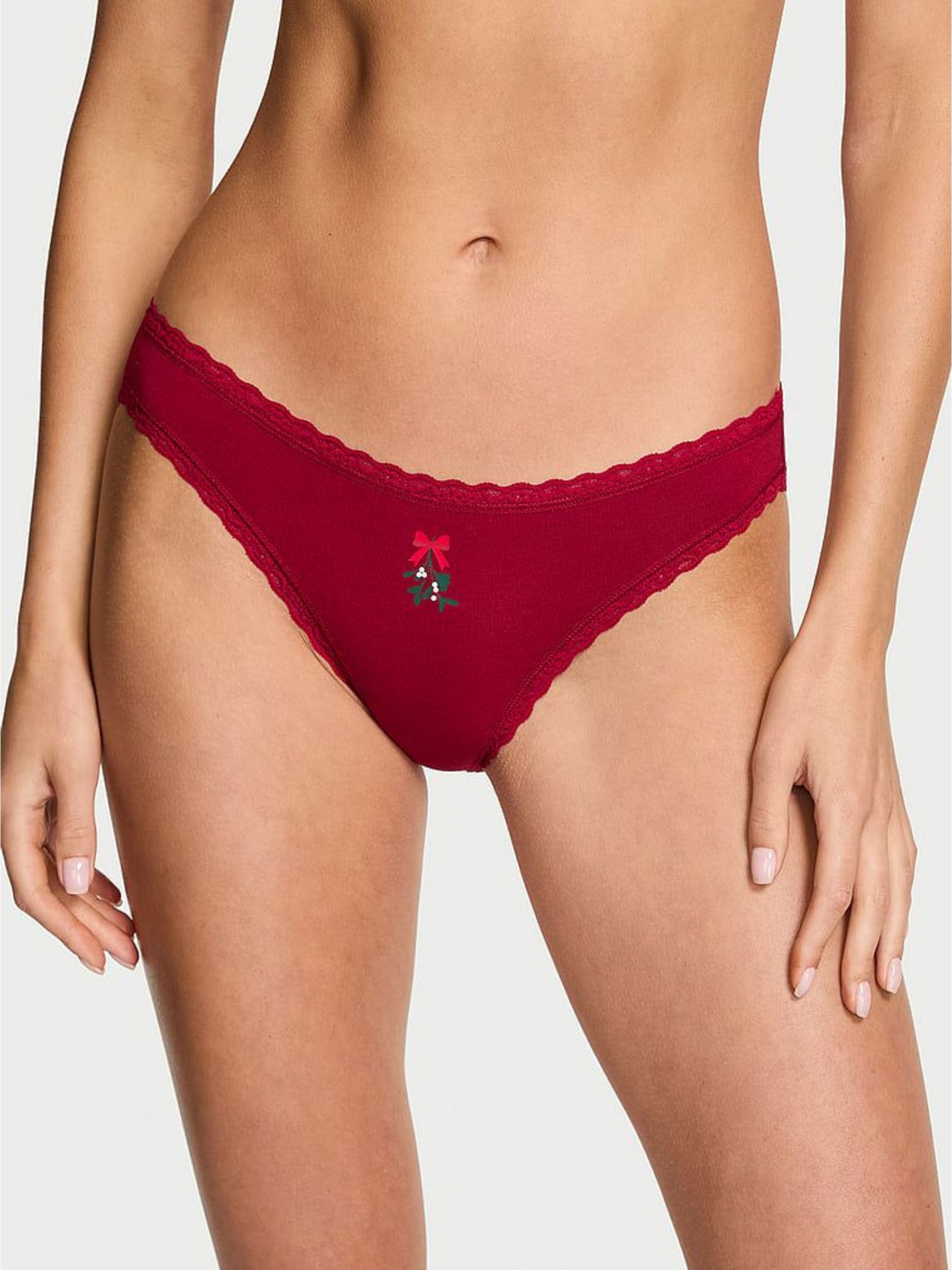 Red Christmas Mistletoe Bikini Cotton Lace Trim Knickers (W72110) | £10