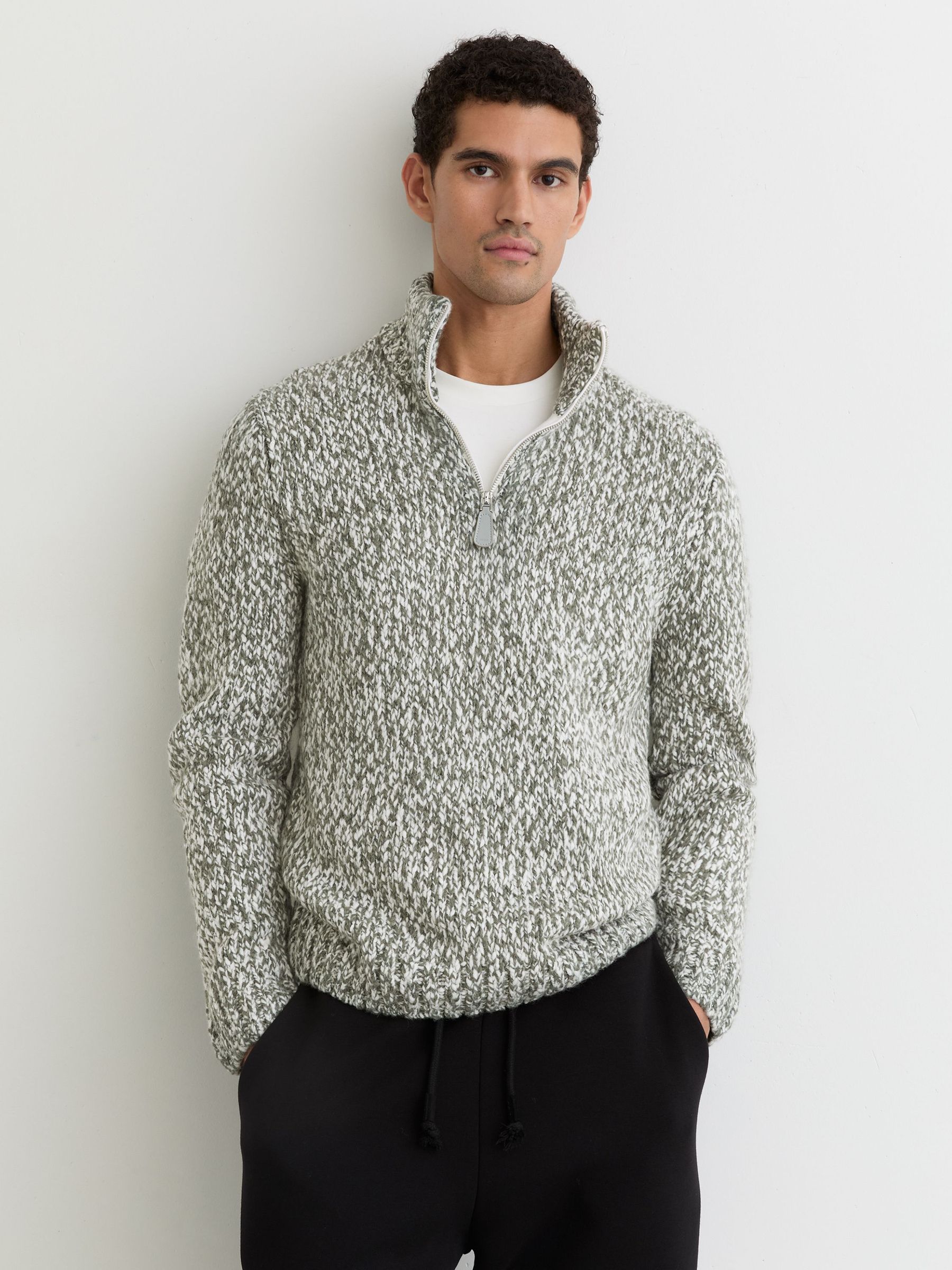 Marled Half-Zip Knitted Jumper with Wool in Sage Green Melange (W72747) | £148