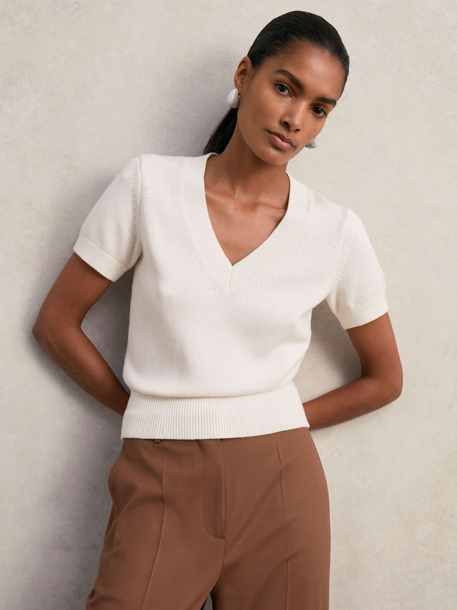 Cotton-Wool Knit V-Neck Top in Ivory (W72763) | £88