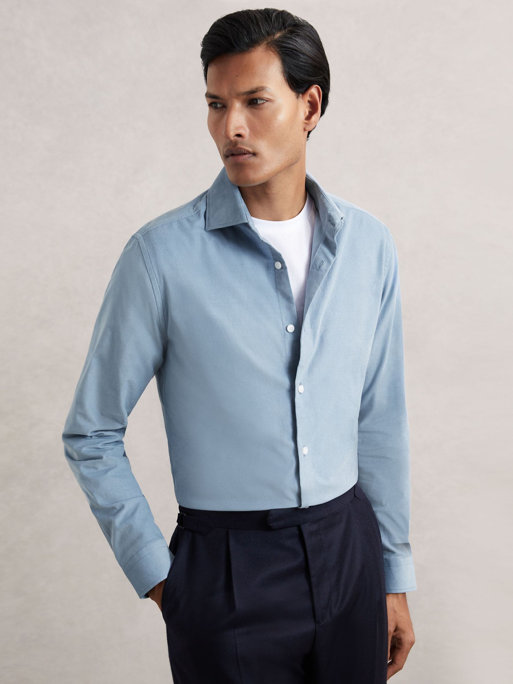 Cotton Corduroy Cutaway-Collar Shirt in Airforce Blue (W72782) | £118