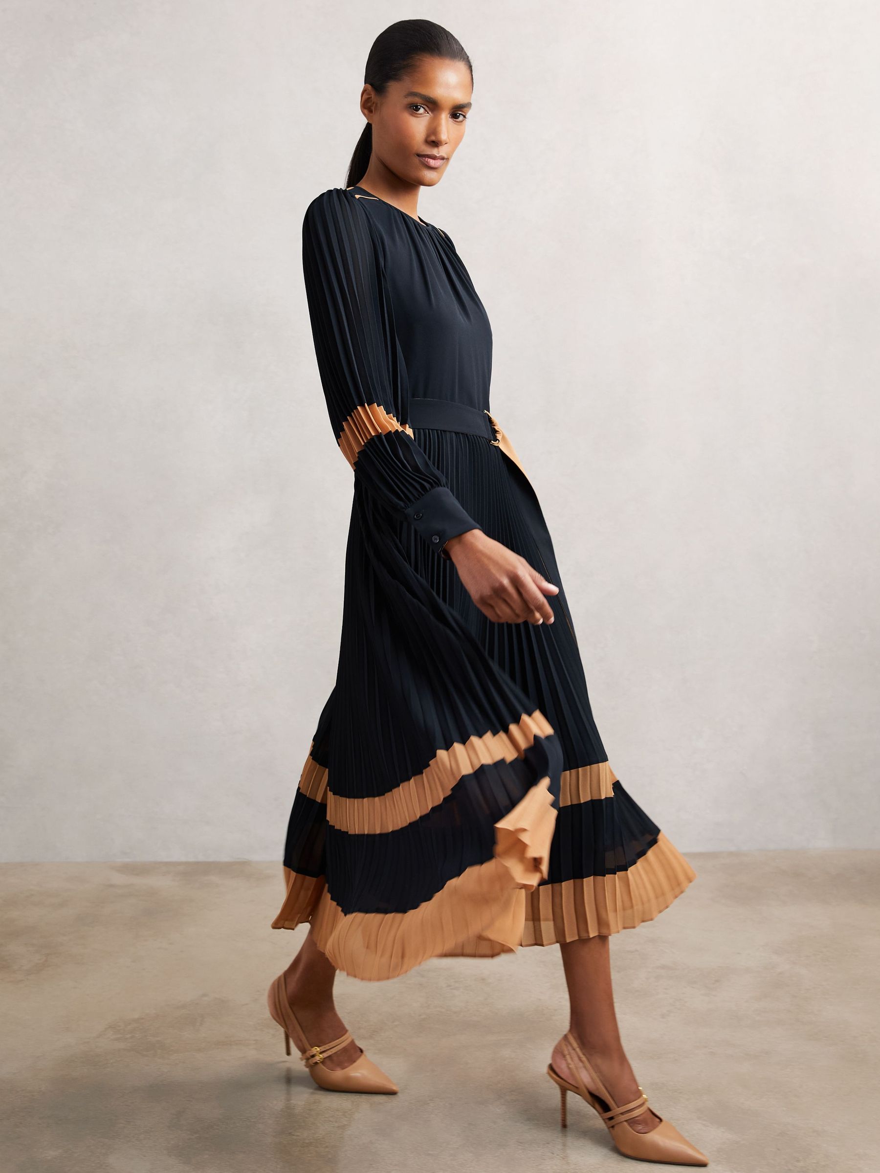 Colour-Block Pleated Midi Dress in Navy/Camel (W72785) | £240
