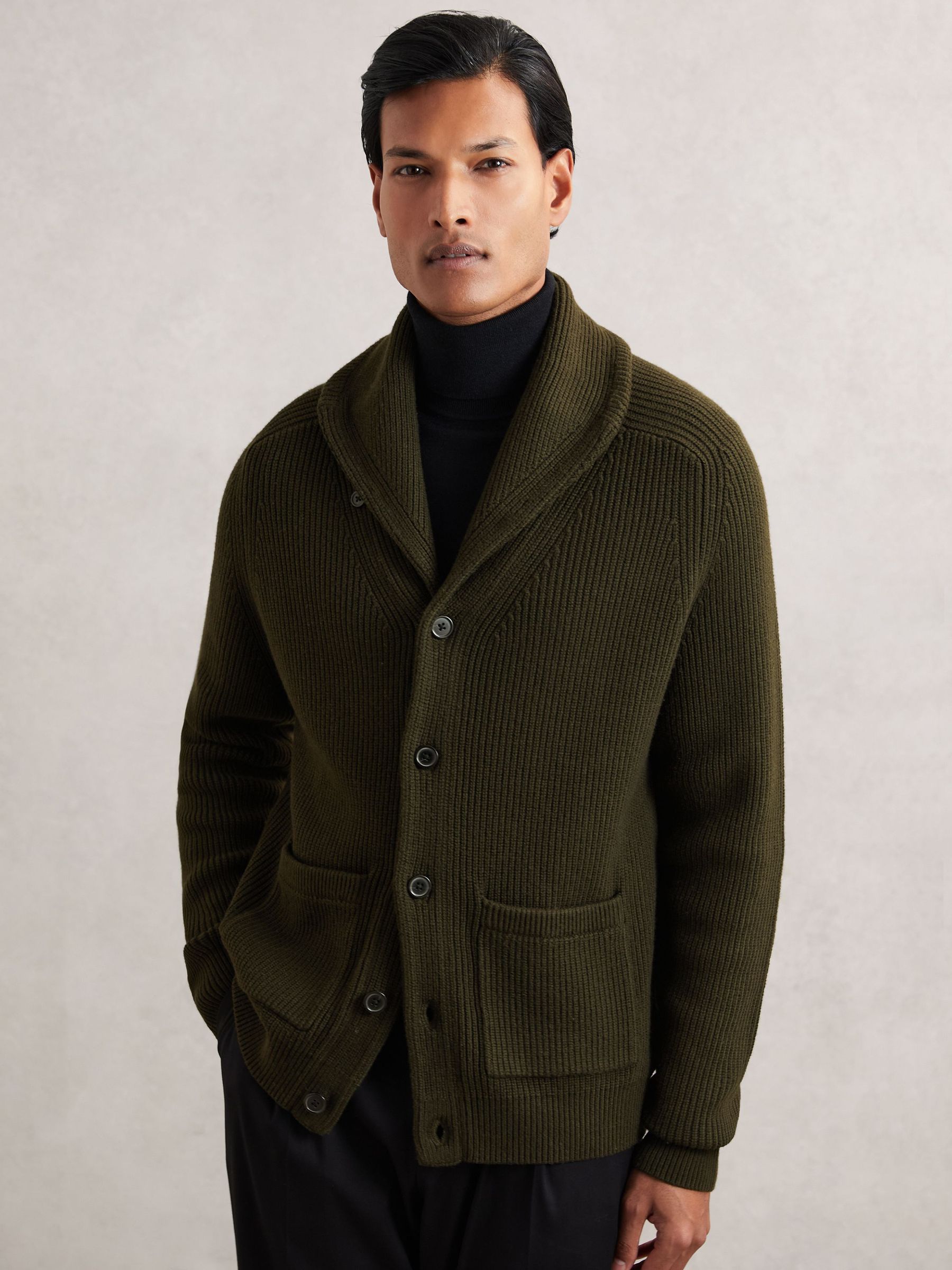 Shawl-Collar Cardigan With Wool in Dark Olive Green (W72790) | £148