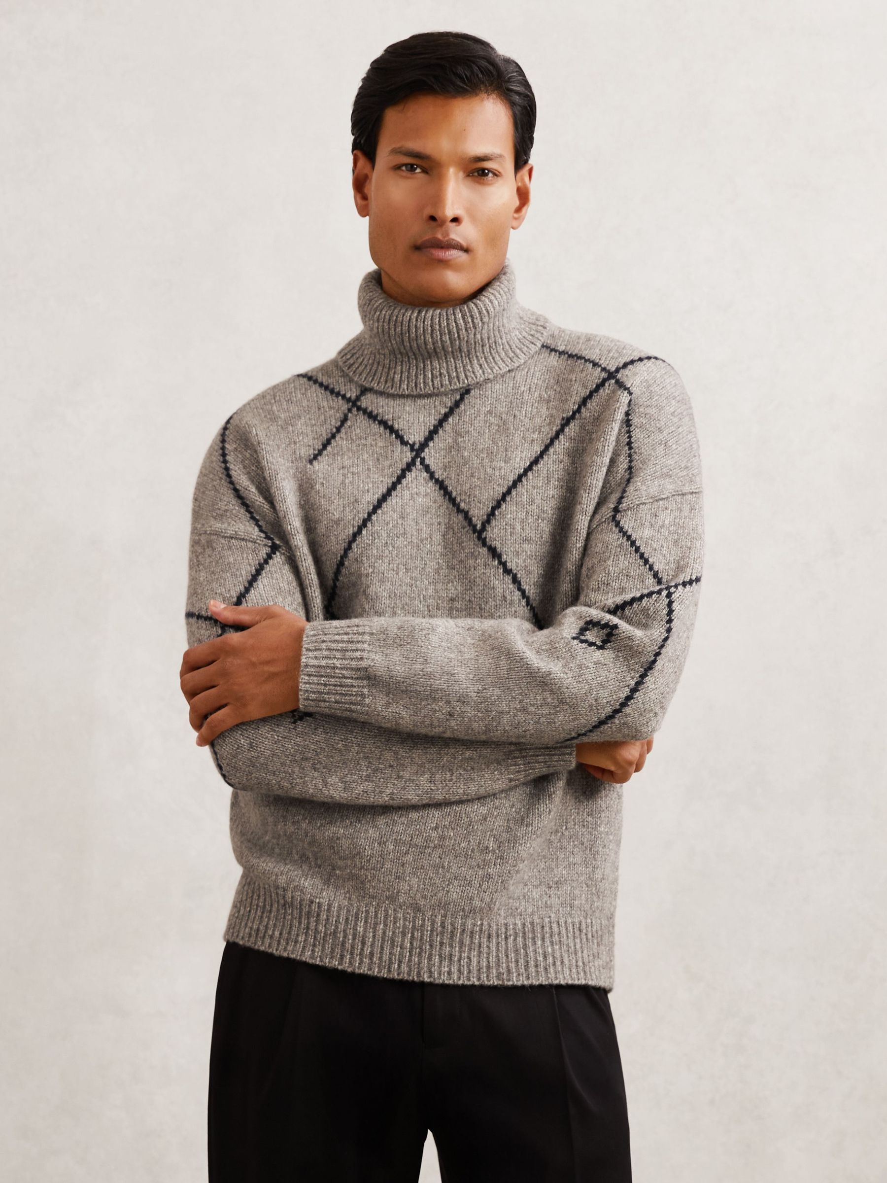 Wool-Blend Roll-Neck Argyle Jumper in Mid Brown (W72792) | £148