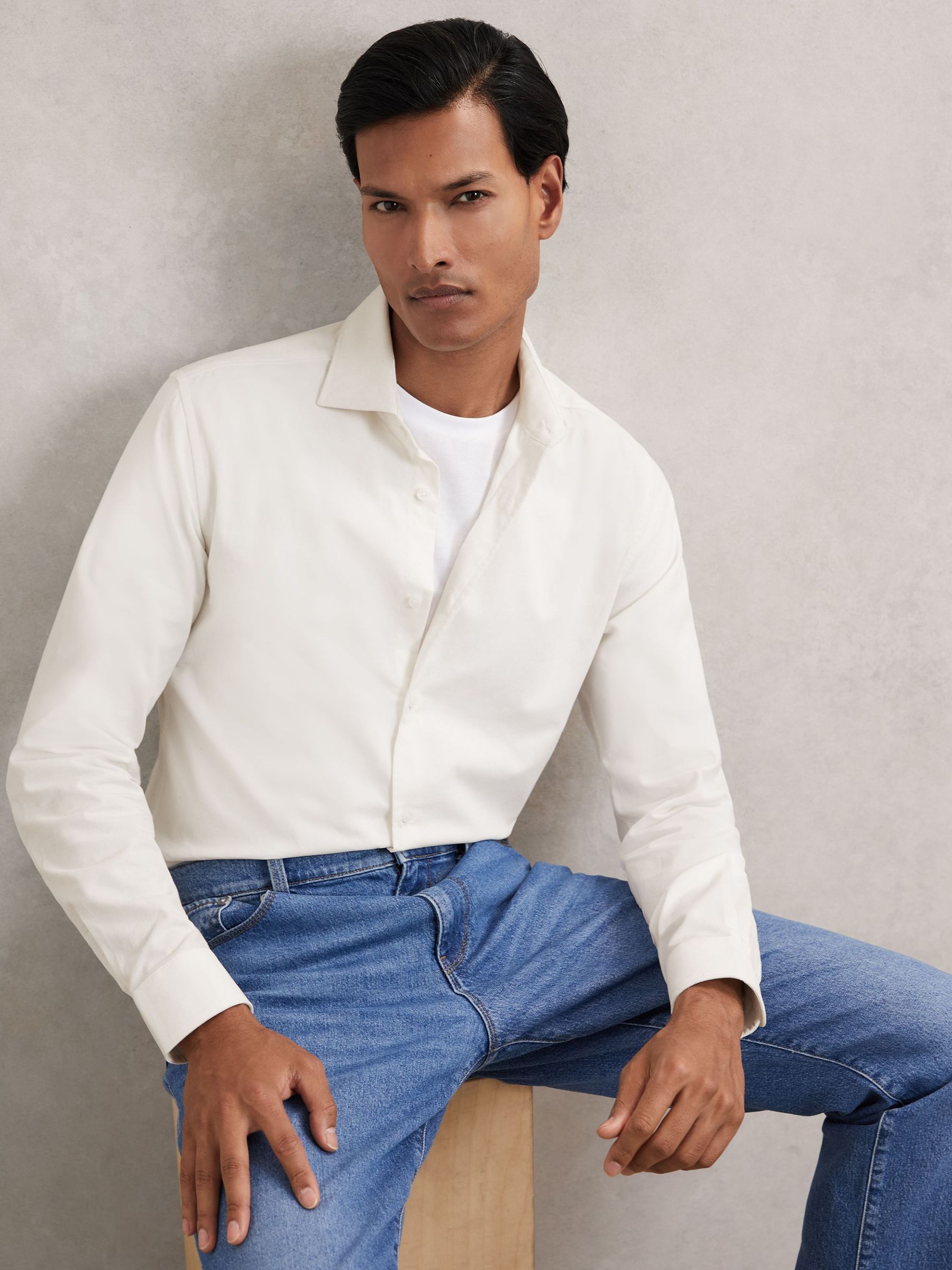 Cotton Corduroy Cutaway-Collar Shirt in White (W72799) | £118