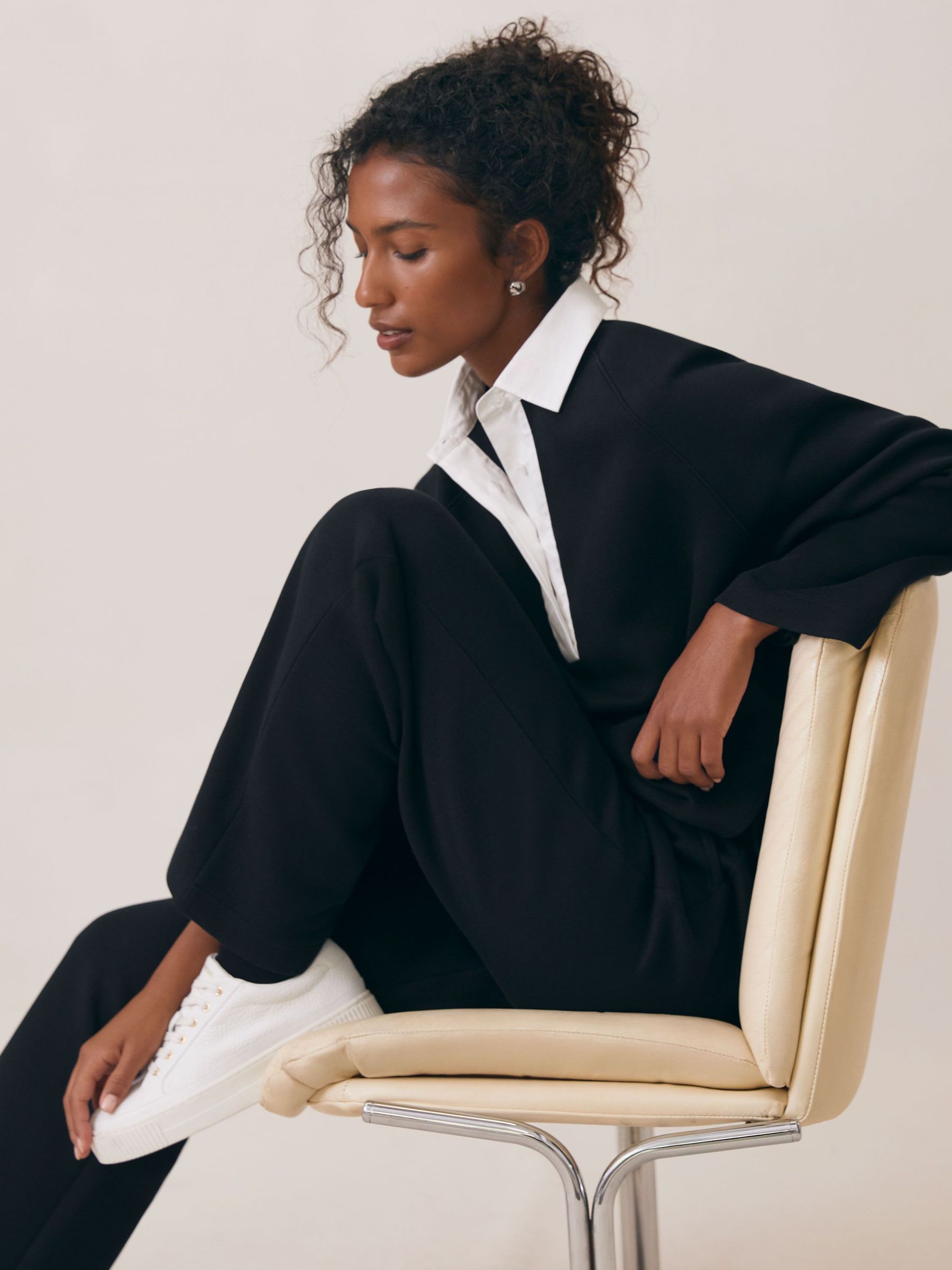 Cotton Blend Interlock Wide Leg Joggers in Black/White (W72807) | £120