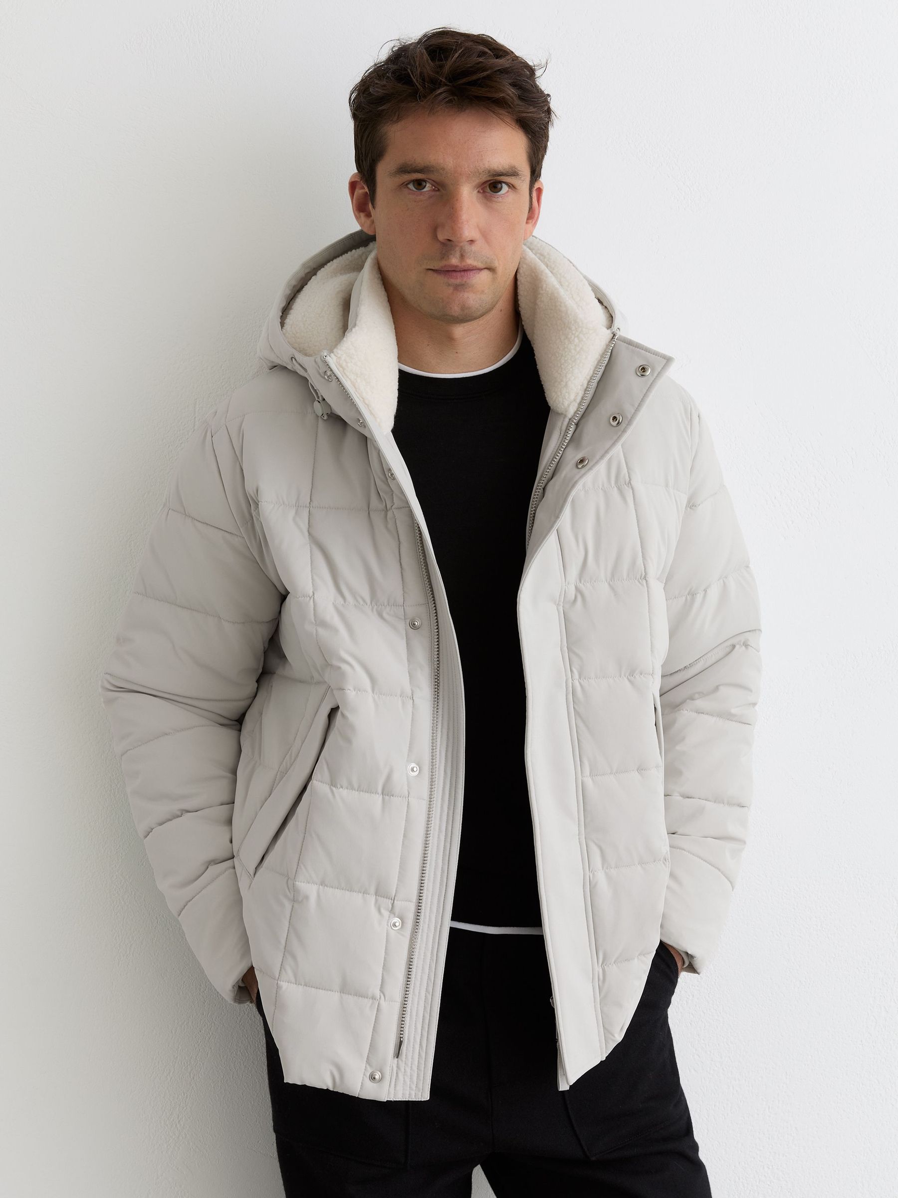Fleece-Lined Hooded Puffer Jacket in Stone (W72913) | £330