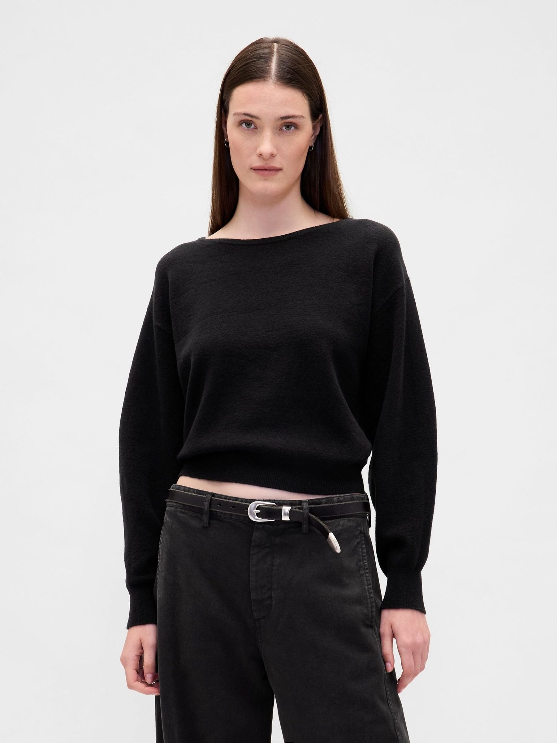 Black CashSoft Stretch Lantern-Sleeve Crop Sweatshirt (W73223) | £60