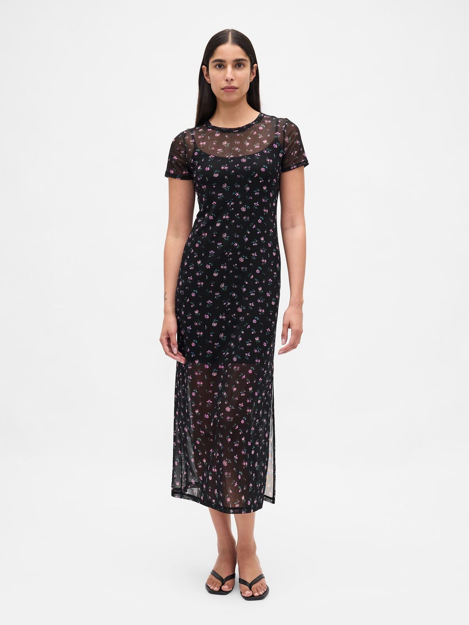 Black/Pink Mesh Square Neck Maxi Dress (W73267) | £60