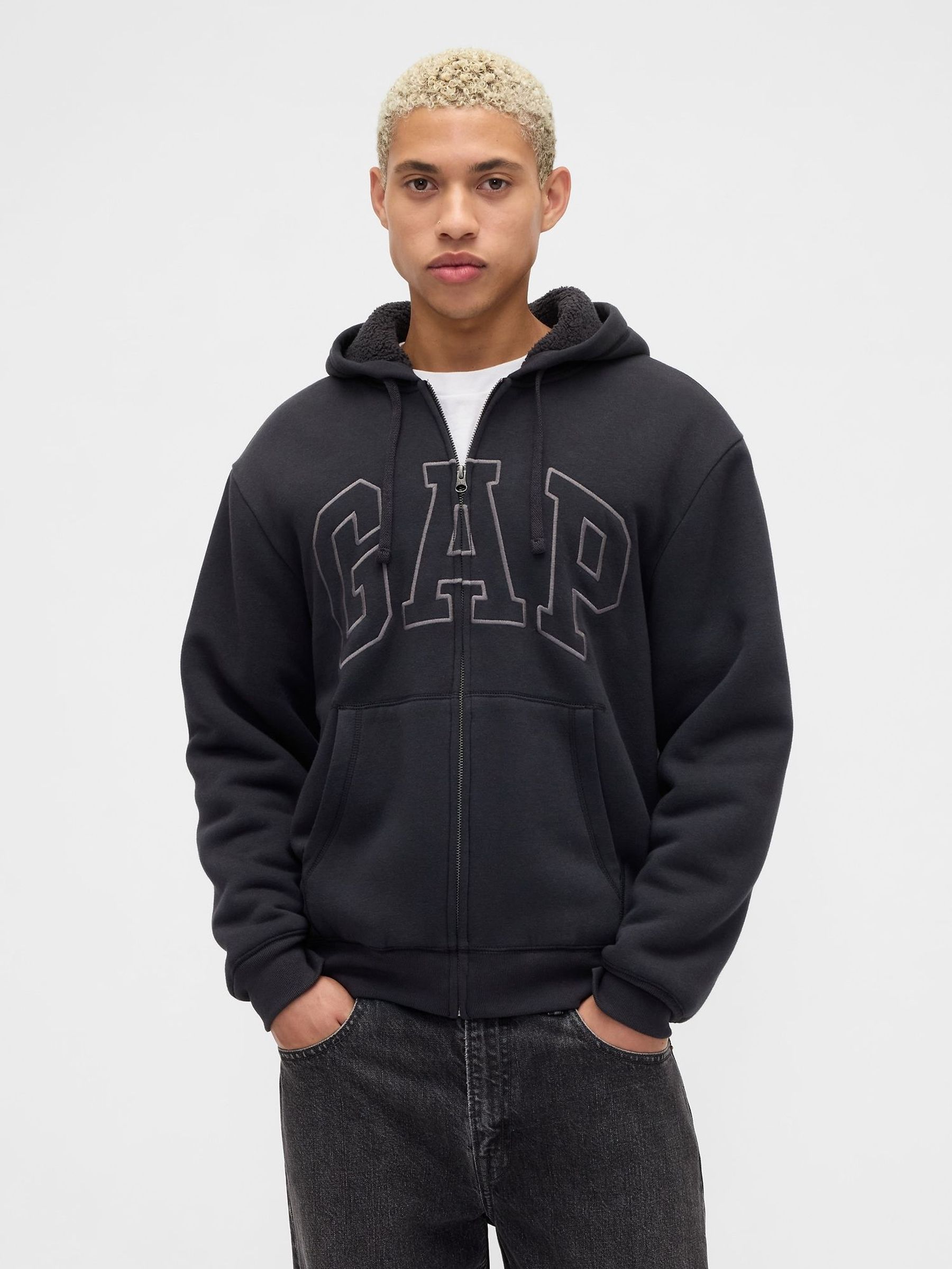 Black Relaxed Logo Sherpa-Lined Zip Hoodie (W73287) | £45